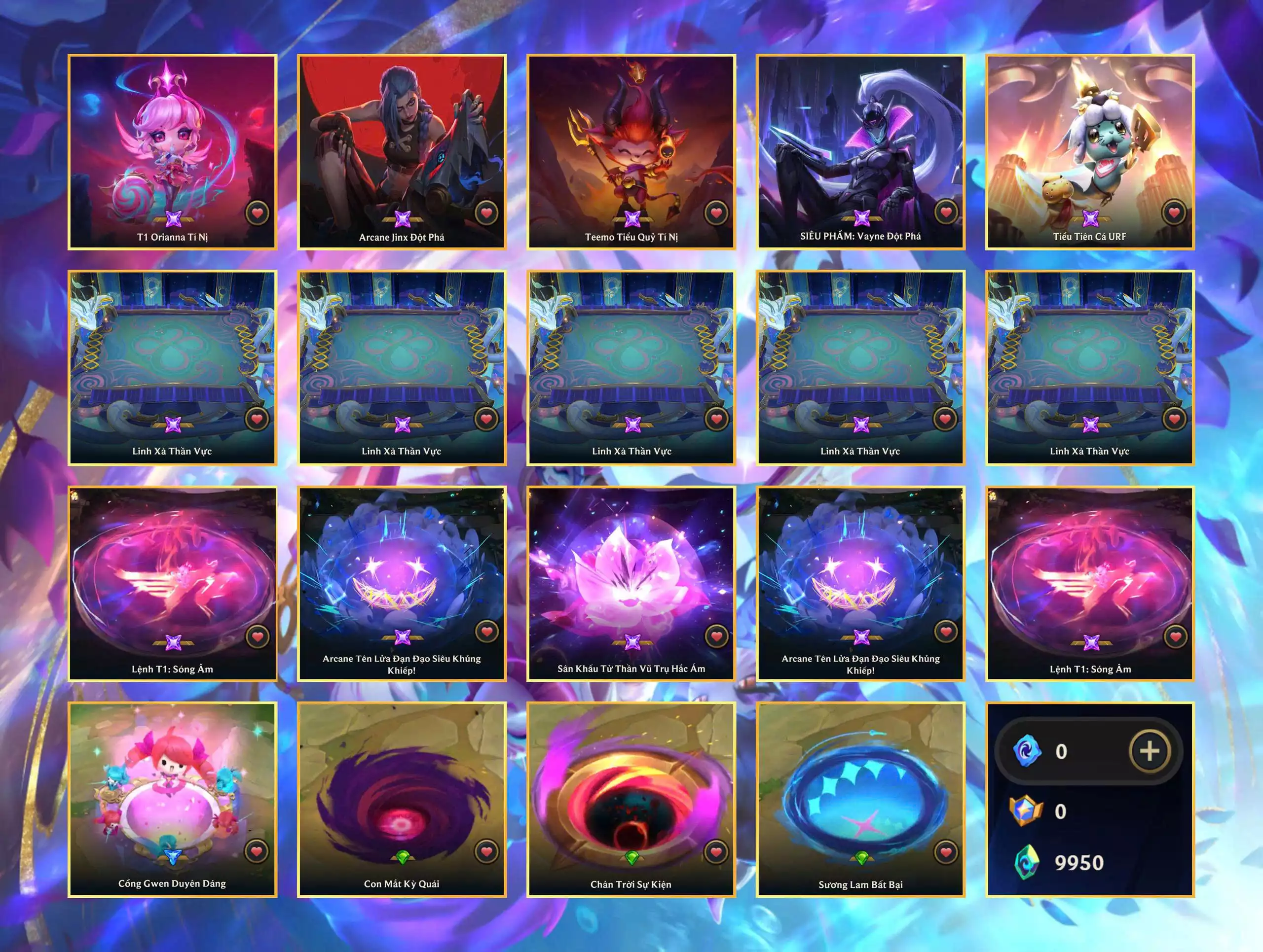 T1 Orianna tí nị, Arcane Jinx đột phá, Teemo tiểu quỷ tí nị, SIỂU PHẨM: Vayne đột phá, Tiểu Tiên Cá URF, Sân đấu Linh Xà Thần Vực...
