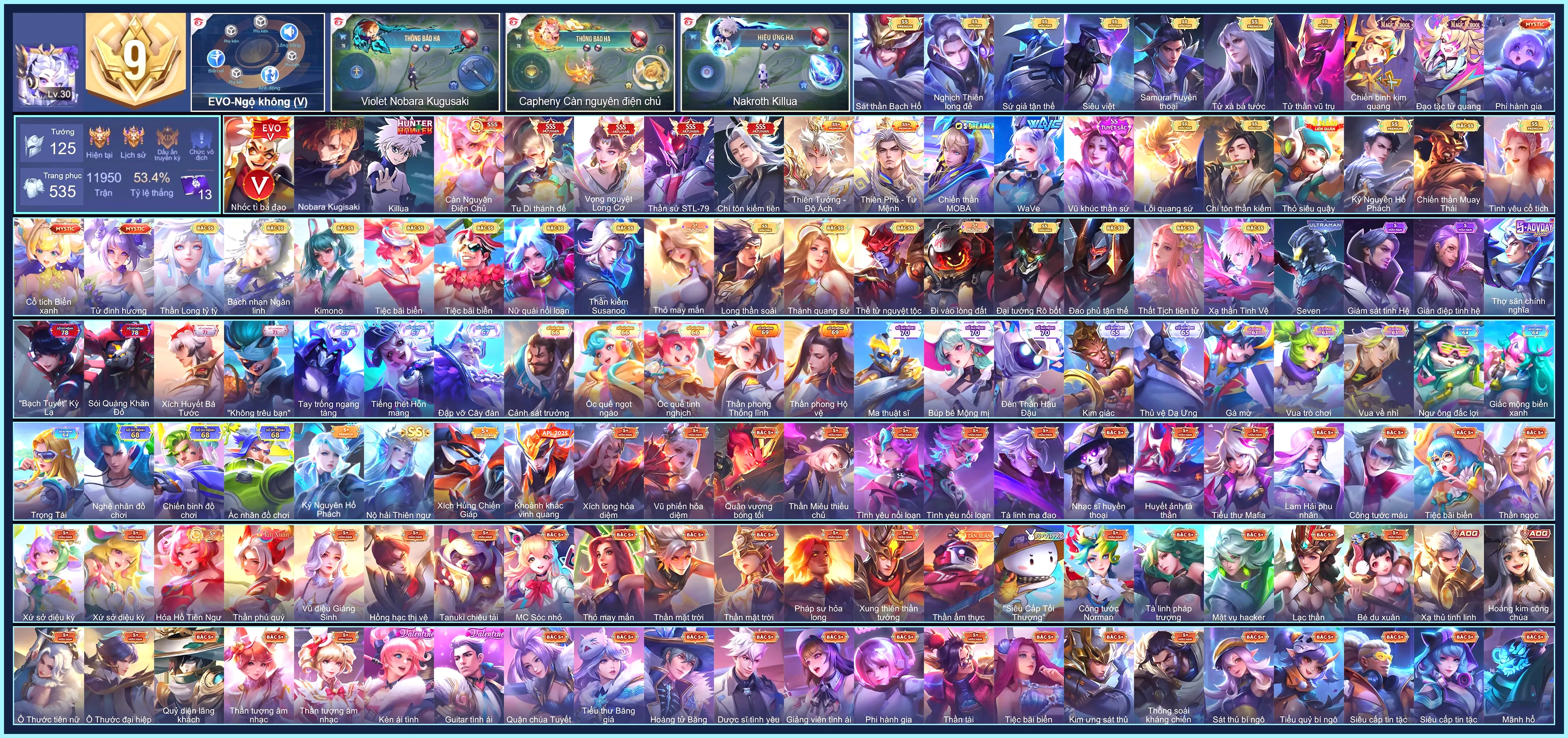 (VIP 9) Violet Nobara Kugisaki, Nakroth Killua, Tulen Chí tôn kiếm tiên, Tulen Thần sứ ST.L-79, Hayate Tu Di Thánh Đế, Violet Vọng nguyệt Long Cơ, Capheny Càn Nguyên Điện Chủ...