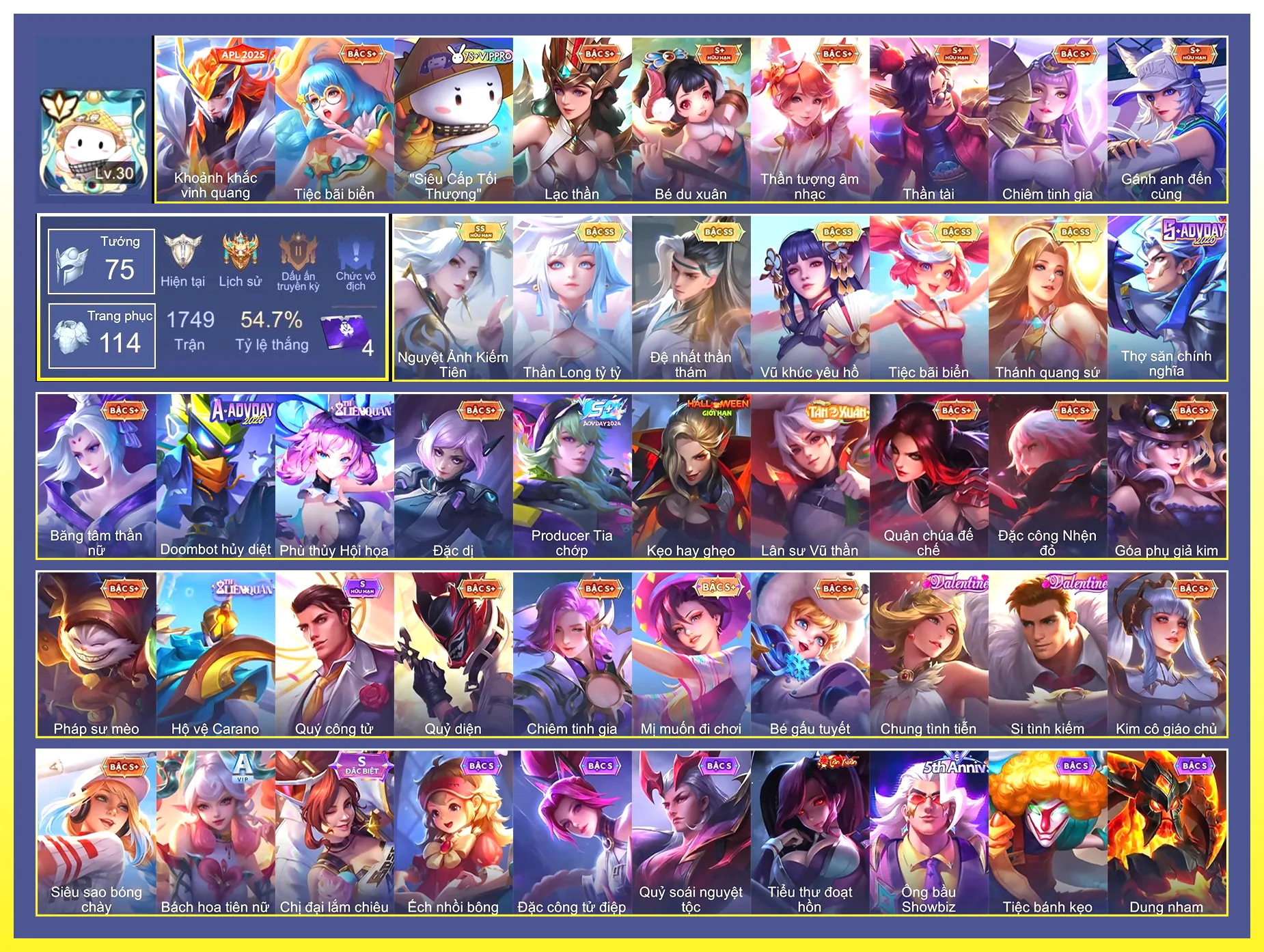 Valhein Đệ nhất thần thám, Krixi Tiệc Bãi Biển, Natalya Nguyệt Ảnh Kiếm Tiên, Violet Thần long tỷ tỷ, TelAnnas Vũ khúc yêu hồ, Lauriel Thánh quang sứ…