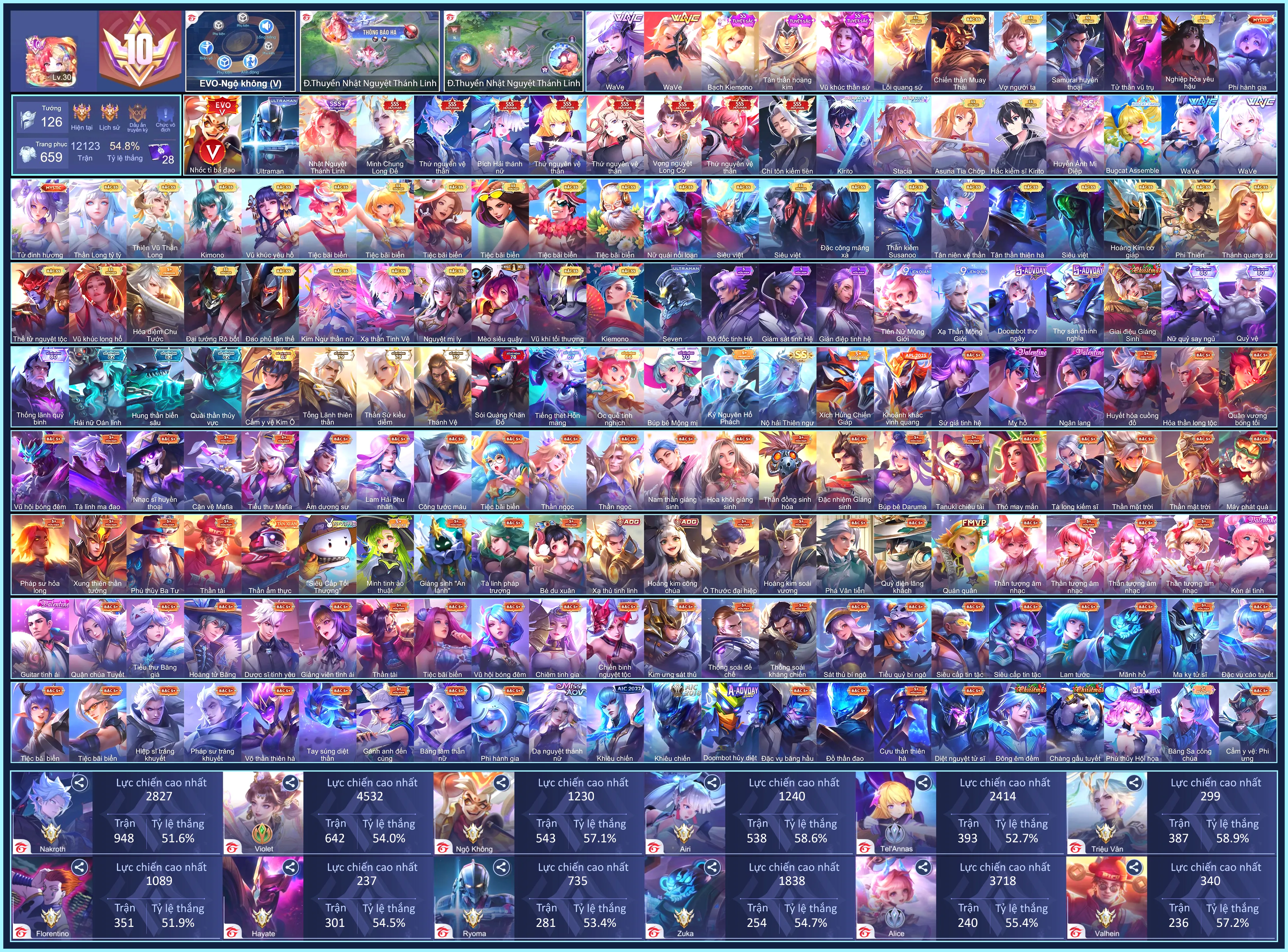(VIP 10) CHUYÊN ANIME HIẾM, 9 SKIN SSS, Điêu Thuyền Nhật Nguyệt Thánh Linh, Butterfly Asuna Tia chớp, Butterfly Stacia, Ryoma Ultraman, Allain Kirito Hắc kiếm sĩ, Allain Kirito...