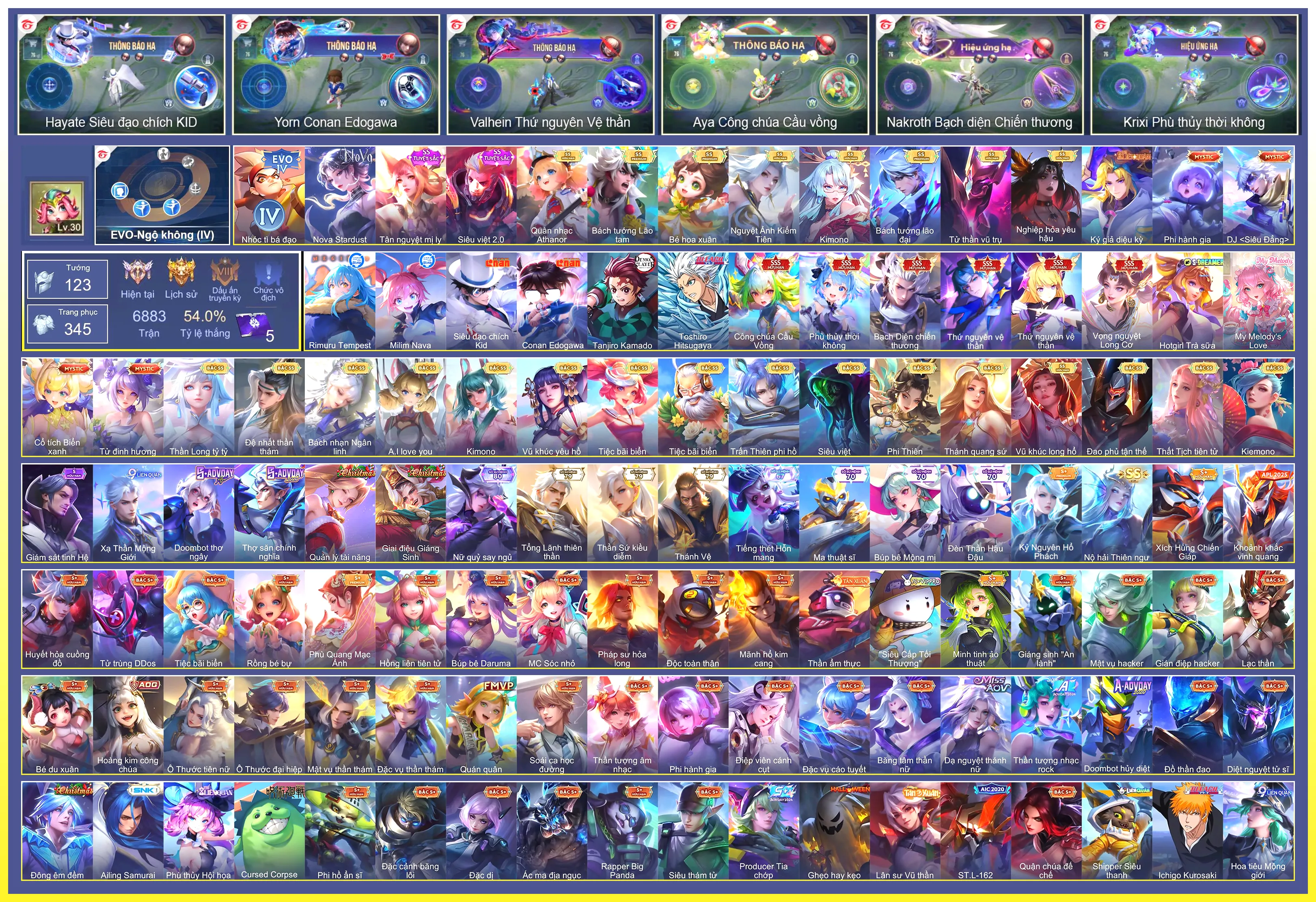 Yorn Conan Edogawa, Iggy Rimuru Tempest, Bright Toshiro Hitsugaya, Hayate Siêu đạo chích Kid, Yan Tanjiro Kamado, Qi Milim Nava,Krixi Phù Thuỷ Thời Không, TelAnnas Thứ nguyên vệ thần, Valhein Thứ Nguyên Vệ Thần, Violet Vọng nguyệt Long Cơ, Aya Công chúa cầu vồng, Nakroth Bạch diện chiến thương…