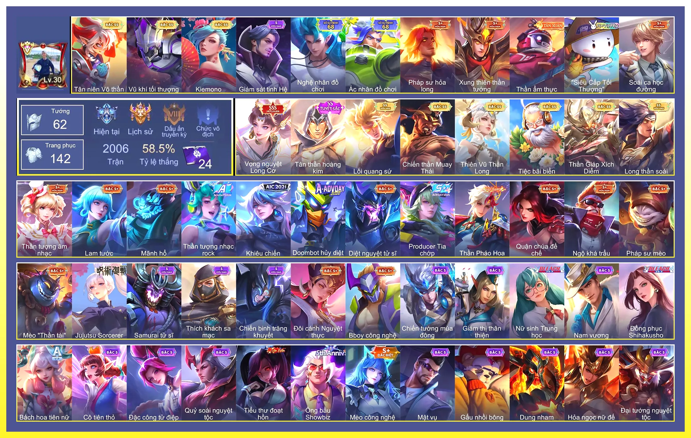 Valhein Vũ khí tối thượng, Gildur Tiệc Bãi Biển, Airi Kiemono, TelAnnas Thiên Vũ Thần Long, Yorn Long thần soái, Nakroth Lôi Quang Sứ, Raz Chiến thần Muay Thái, Tulen Tân thần hoàng kim, Ngộ Không Tân niên Võ Thần, Ngộ Không Thần Giáp Xích Diễm…