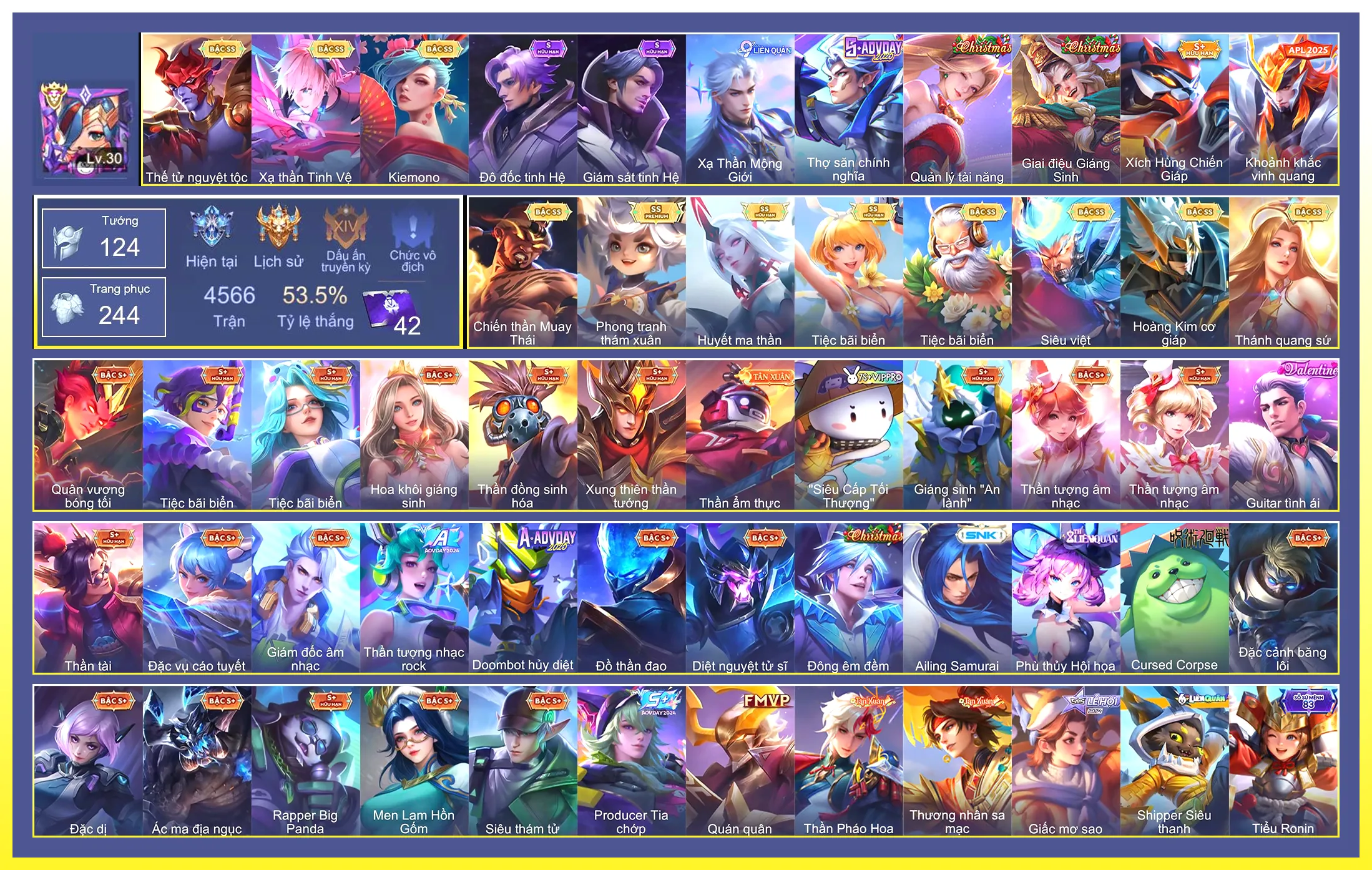Violet Tiệc bãi biển, Violet Huyết Ma Thần, Yorn Thế Tử Nguyệt Tộc, Laville Xạ Thần Tinh Vệ, Ngộ Không Siêu việt, Gildur Tiệc Bãi Biển, Raz Chiến thần Muay Thái, Airi Kiemono, Fennik Phong Tranh Thám Xuân, Lauriel Thánh quang sứ, Bijan Hoàng kim cơ giáp…