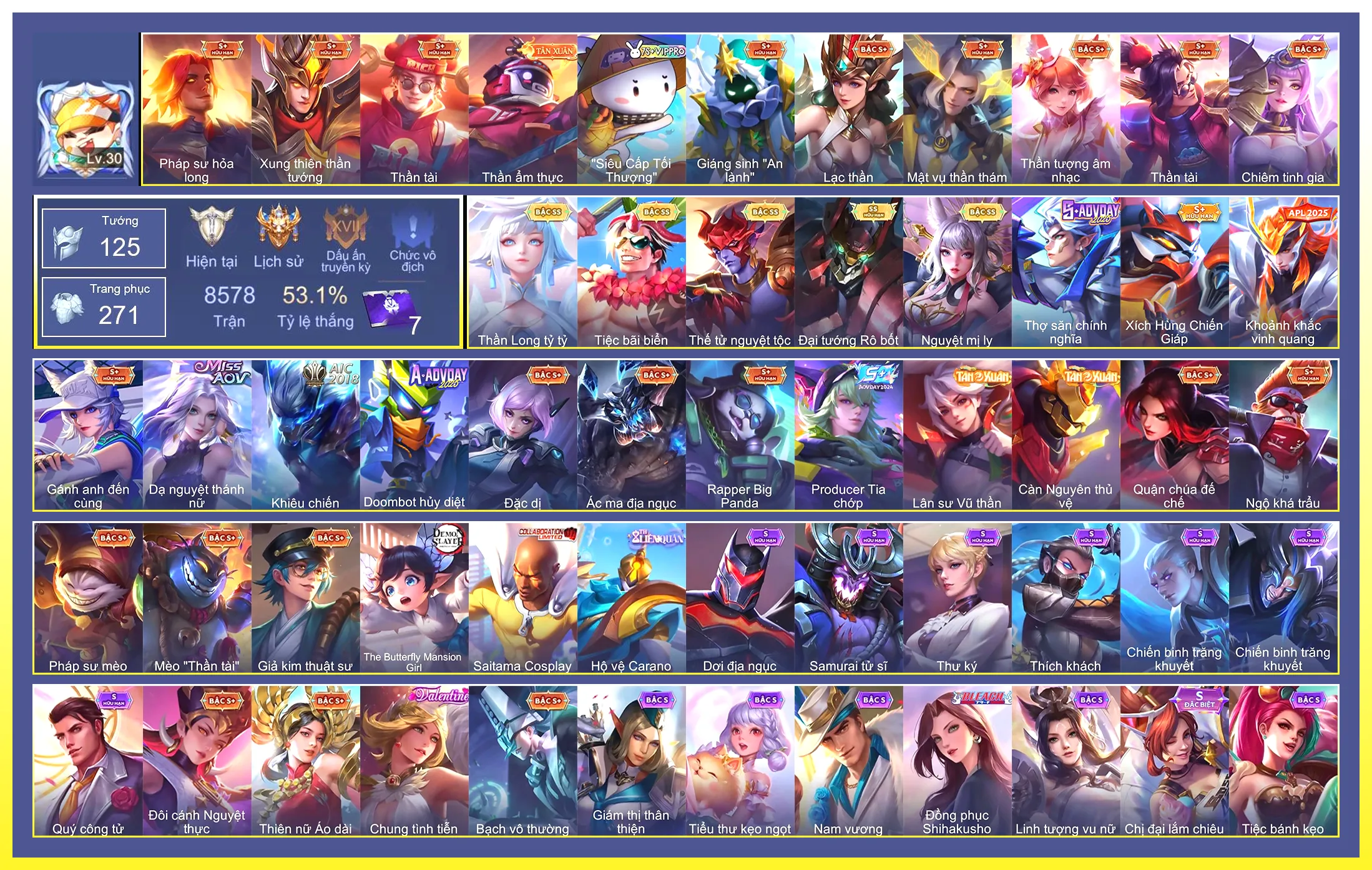Yorn Thế Tử Nguyệt Tộc, Violet Thần long tỷ tỷ, Lữ Bố Tiệc Bãi Biển, Liliana Nguyệt mị ly, Maloch Đại Tướng Robot…