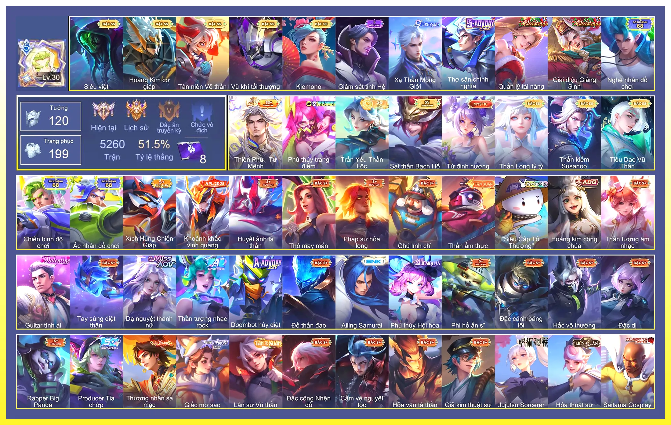 Valhein Vũ khí tối thượng, Violet Thần long tỷ tỷ, Richter Thần Kiếm Susanoo, Ngộ Không Tân niên Võ Thần, Airi Kiemono, Tulen Tiêu Dao Vũ Thần, Bijan Hoàng kim cơ giáp, Yena Trấn Yêu Thần Lộc, Raz Siêu việt, Enzo Sát thần Bạch Hổ, Bolt Baron Thiên Phủ - Tư Mệnh…