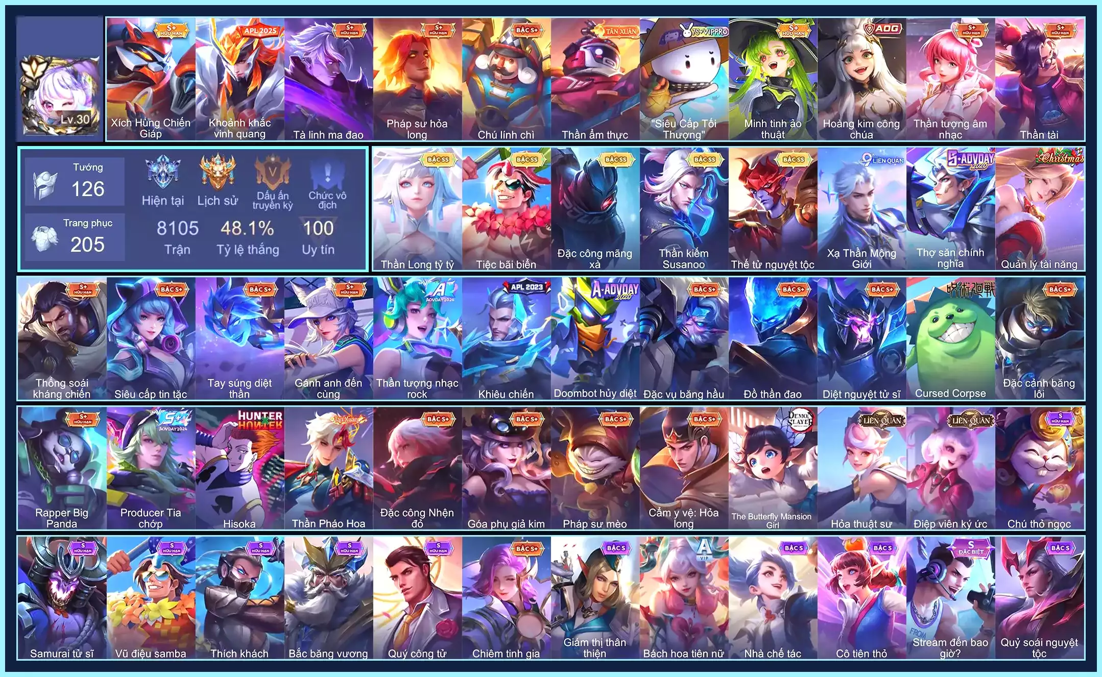 Richter Thần Kiếm Susanoo, Violet Thần long tỷ tỷ, Quillen Đặc công mãng xà, Lữ Bố Tiệc Bãi Biển,..