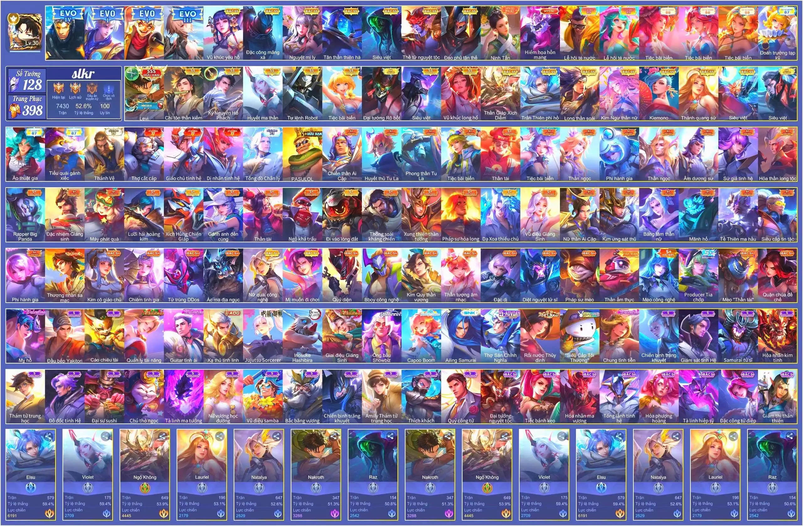 Nakroth Levi,Murad Chí tôn thần kiếm, Raz Siêu việt, Violet Tiệc bãi biển, Violet Huyết Ma Thần, Zephys Siêu việt, Lauriel Thánh quang sứ, TelAnnas Vũ khúc yêu hồ,..
