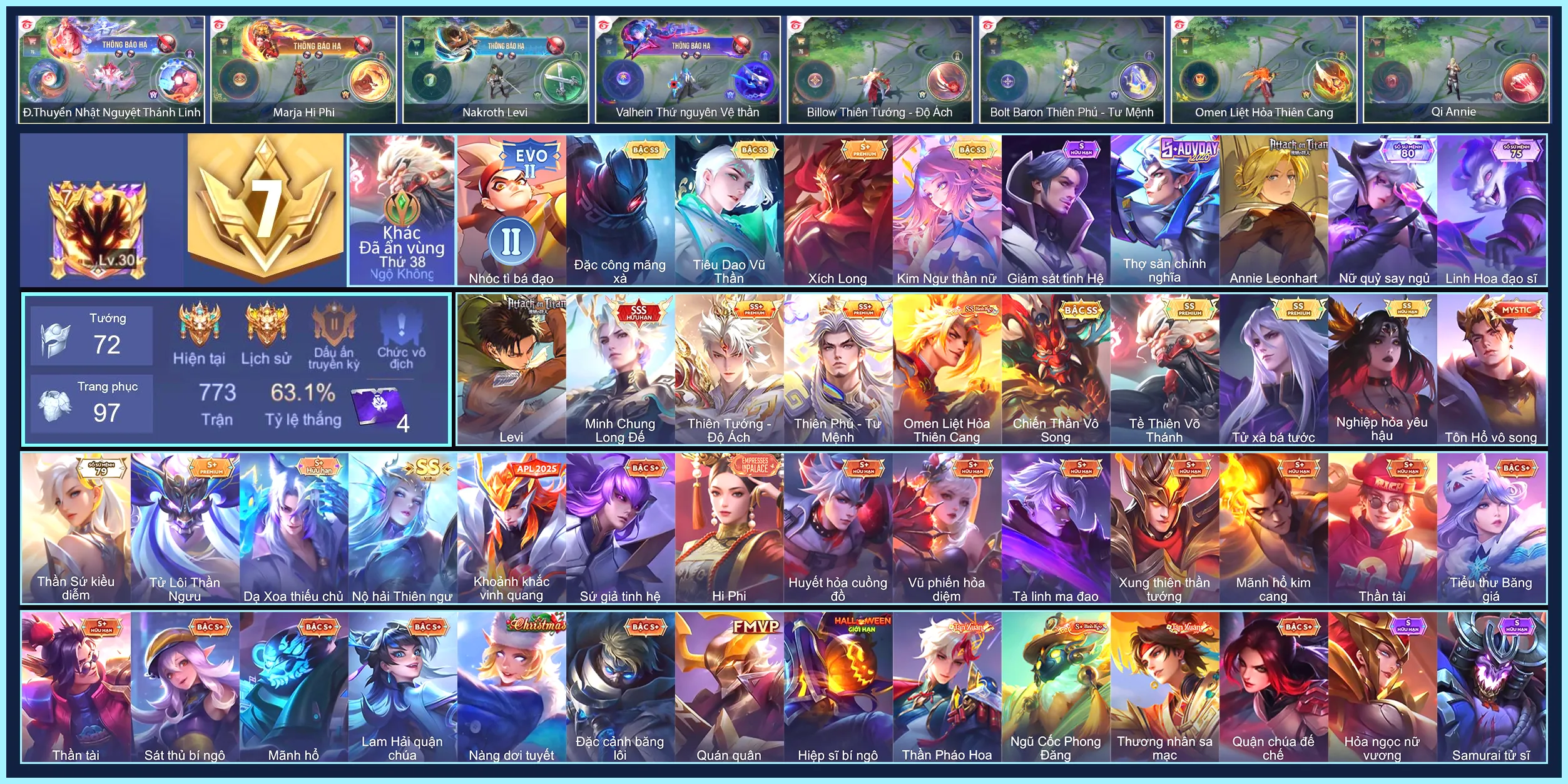 (VIP 7)Nakroth Levi, Triệu Vân Minh Chung Long Đế, Bolt Baron Thiên Phủ - Tư Mệnh, Billow Thiên Tướng - Độ Ách,  Natalya nghiệp hỏa yêu hậu... CHỈ CÀI SDT