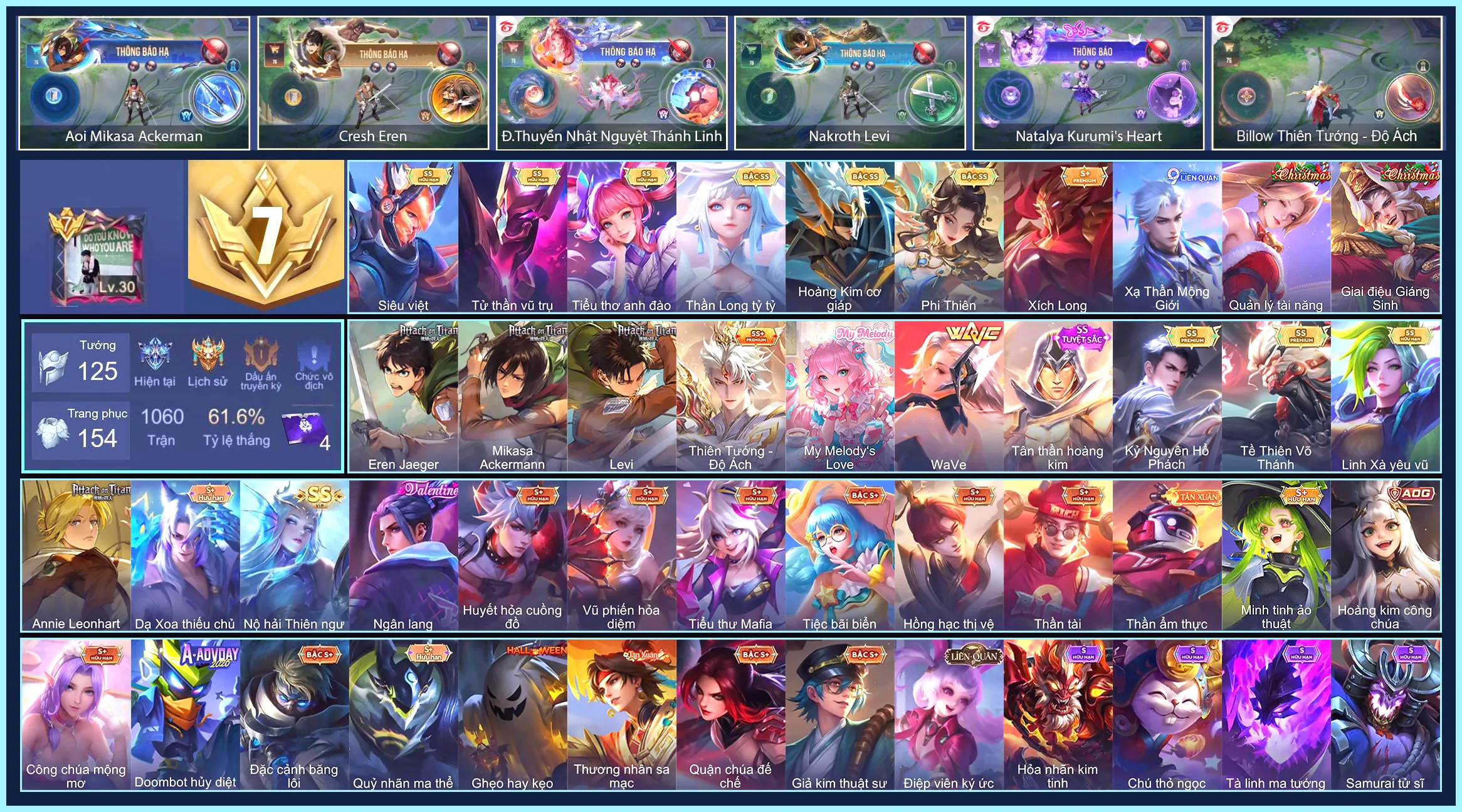 Billow Thiên Tướng - Độ Ách, Nakroth Levi, Aoi Mikasa Ackermann, Cresht Eren Jaeger, Qi Annie Leonhart... CHỈ CÀI SDT