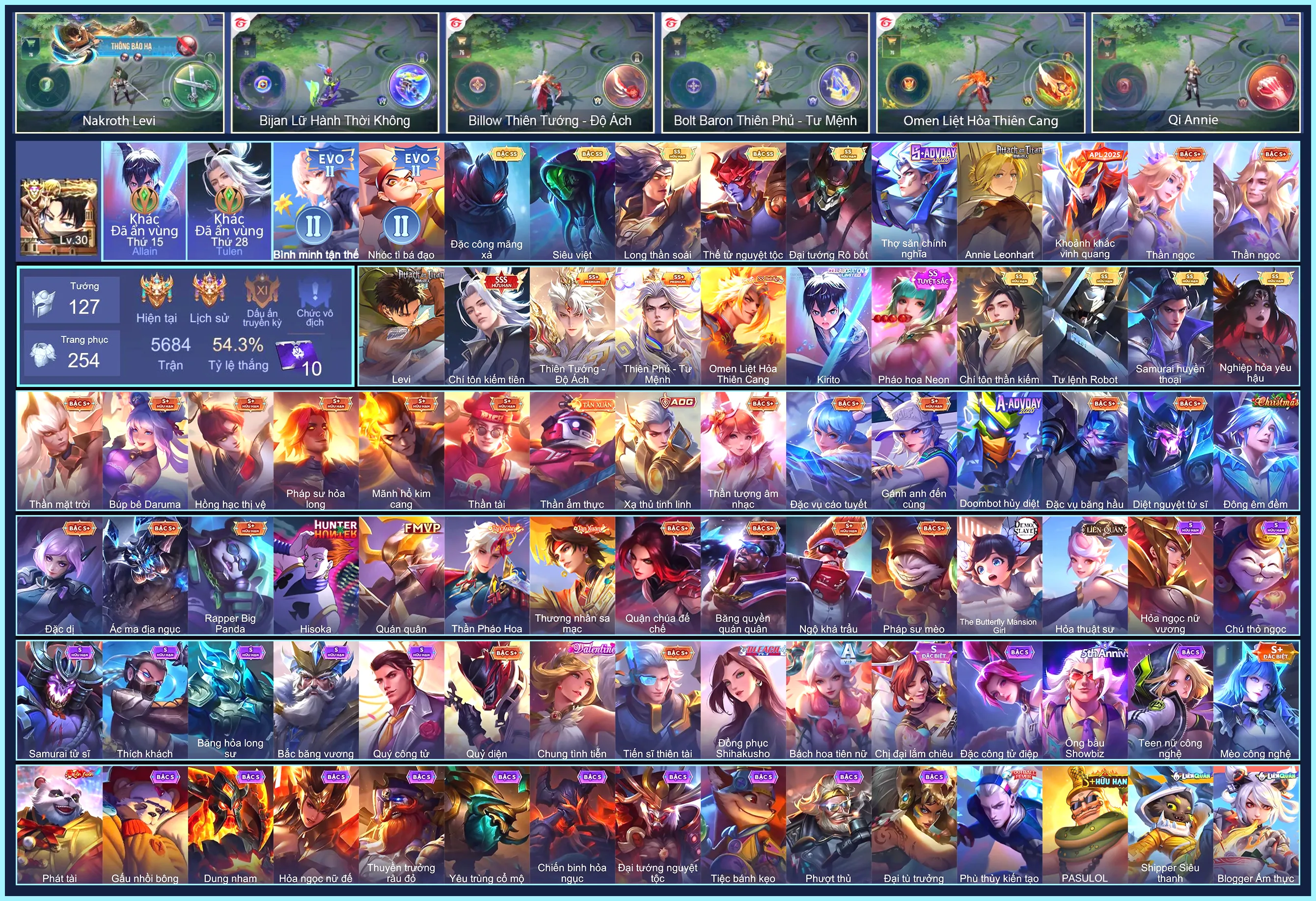 Nakroth Levi, Allain Kirito, Tulen Chí tôn kiếm tiên, Omen Liệt Hoả Thiên Cang, Billow Thiên Tướng - Độ Ách, Bolt Baron Thiên Phủ - Tư Mệnh... CHỈ CÀI SDT