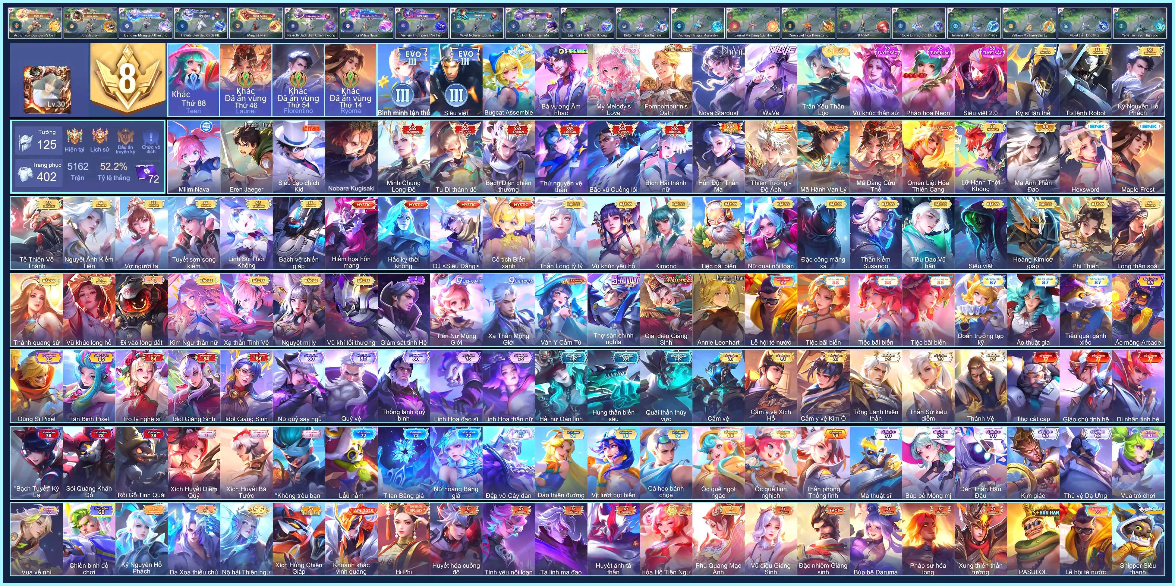 (khách cọc) 6 SKIN SSS, Violet Nobara Kugisaki, Charlotte Hexsword, Ryoma Maple Frost, Hayate Siêu đạo chích Kid, Qi Milim Nava, Cresht Eren Jaeger...