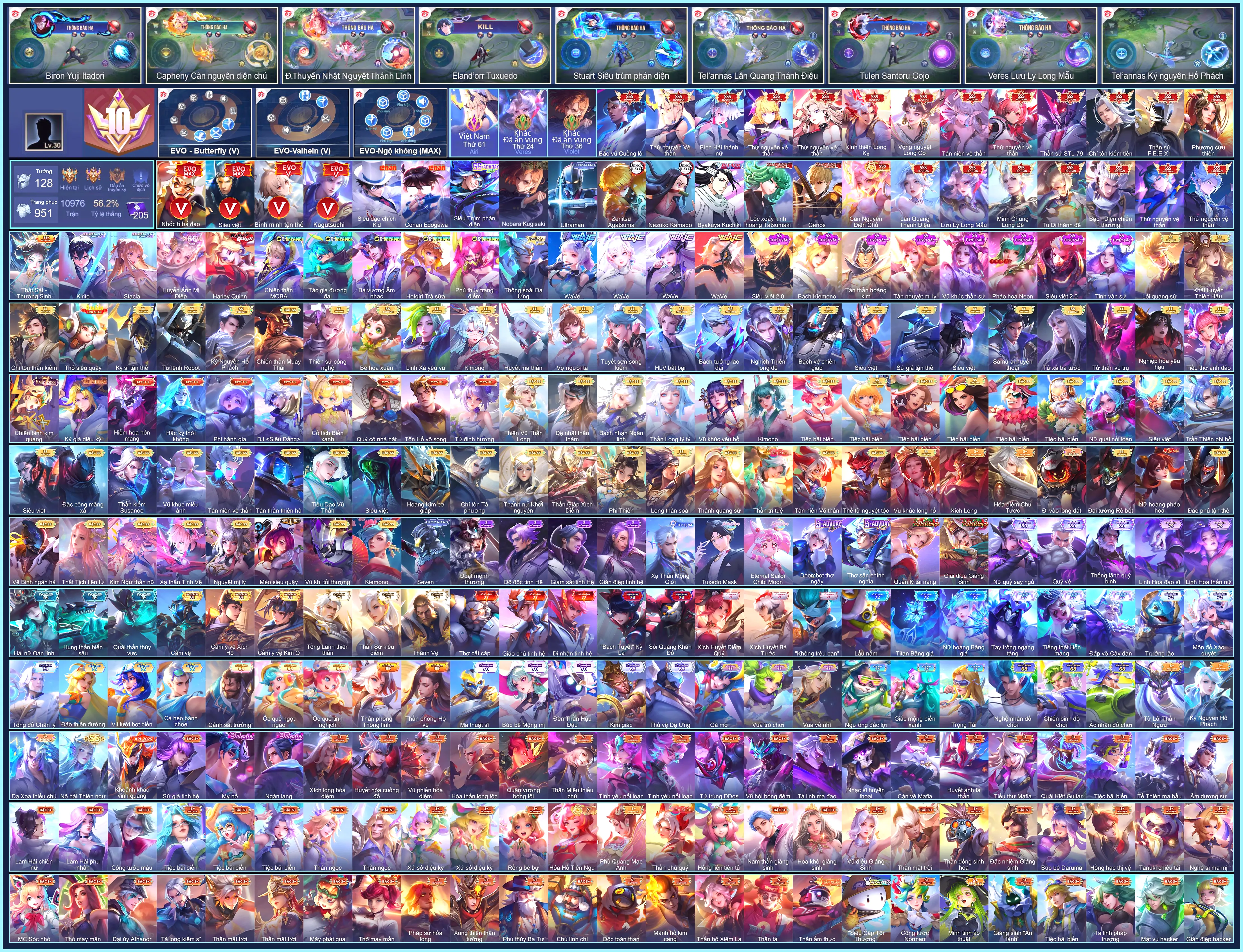 (VIP 10) 12 SKIN ANIME VIP, 21 SKIN SSS, NHIỀU SS/SSHH, CÓ BẢO HÀNH ĐẦY ĐỦ