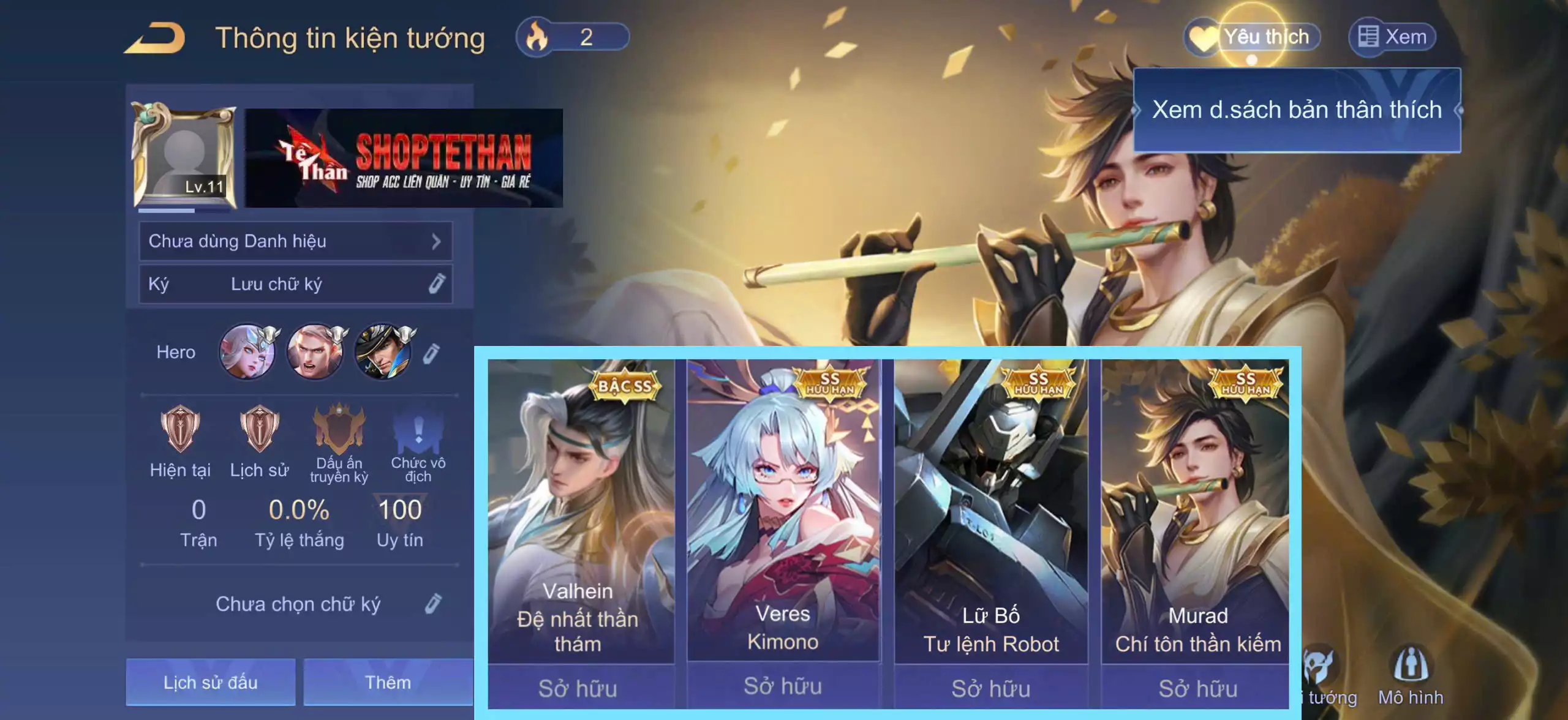 ACC REG: Valhein Đệ nhất thần thám, Murad Chí tôn thần kiếm, Veres Kimono, Lữ Bố Tư lệnh Robot... TRẮNG THÔNG TIN