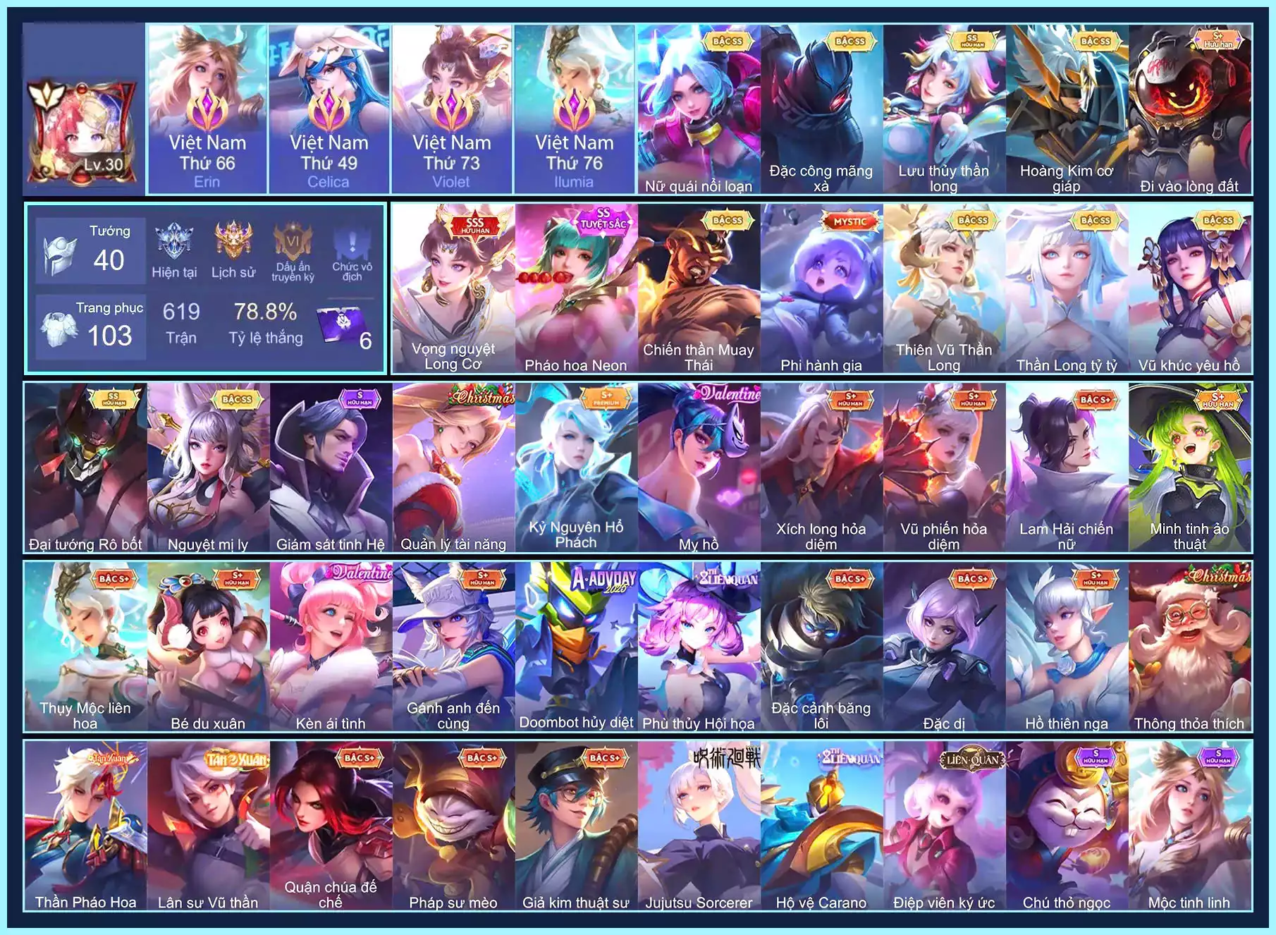 CHAMP NỮ BÉ, 4 CỤC TÍM, Violet Vọng nguyệt Long Cơ, TelAnnas Vũ khúc yêu hồ, TelAnnas Thiên Vũ Thần Long, Butterfly Nữ Quái Nổi Loạn, Violet Thần long tỷ tỷ, Maloch Đại Tướng Robot, Liliana Nguyệt mị ly, Liliana Lưu Thủy Thần Long, Quillen Đặc công mãng xà, Raz Chiến thần Muay Thái, Bijan Hoàng kim cơ giáp...TRẮNG THÔNG TIN