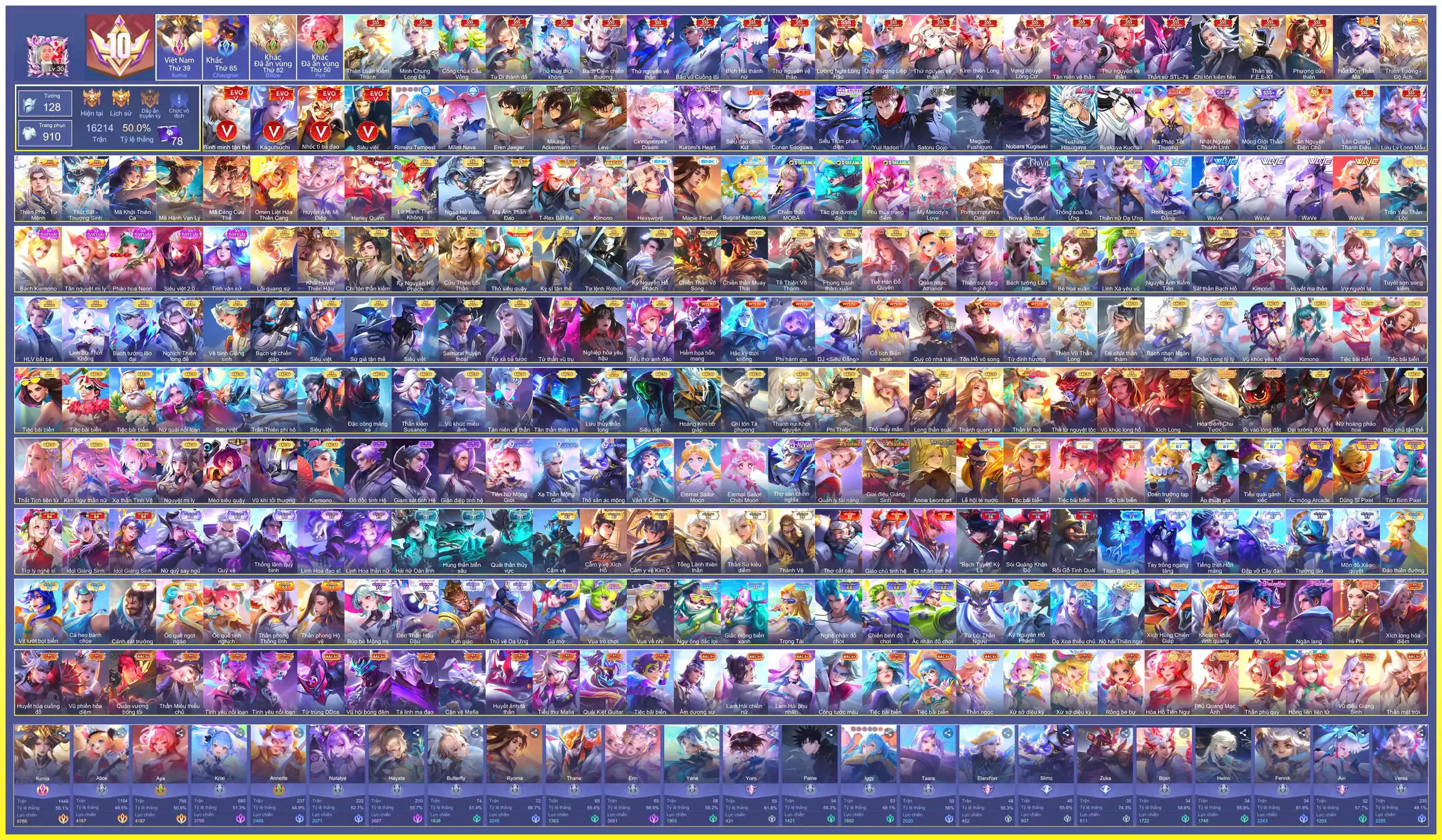 (VIP 10) MÁC CHIẾN THẦN, CỤC TÍM ILUMIA, 27 SKIN SSS,  103 SKIN SS, 18 SKIN Anime VIP, ĐỔI ĐƯỢC AVATAR... CHỈ CÀI SDT