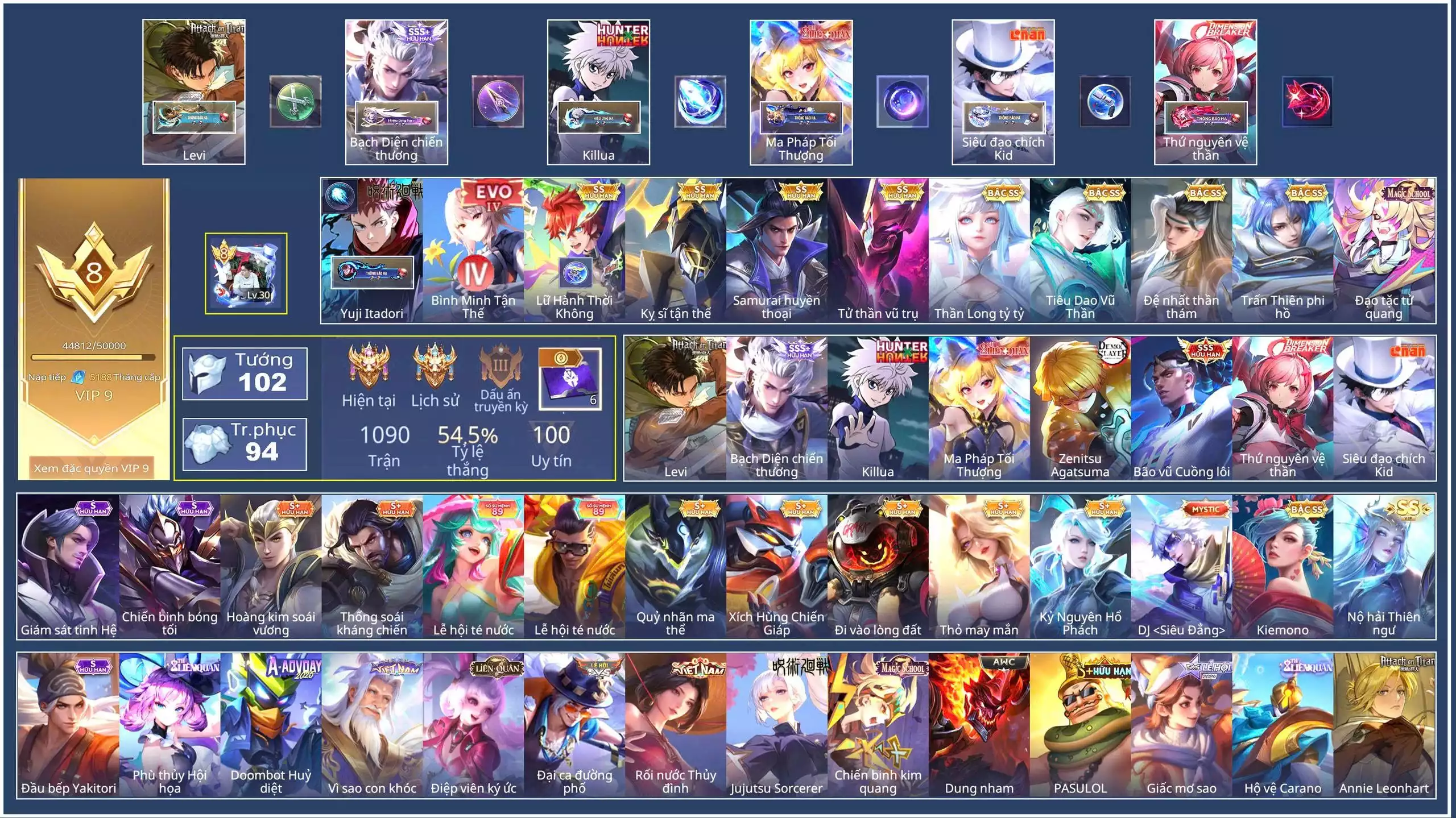 Nakroth Bạch diện chiến thương, Liliana Ma Pháp Tối Thượng, Violet Thứ nguyên vệ thần, Raz Bão vũ Cuồng lôi, Nakroth Killua, Nakroth Levi, Murad Zenitsu Agatsuma, Biron Yuji Itadori, Hayate Siêu đạo chích Kid, Mỗi số còn lại trắng all