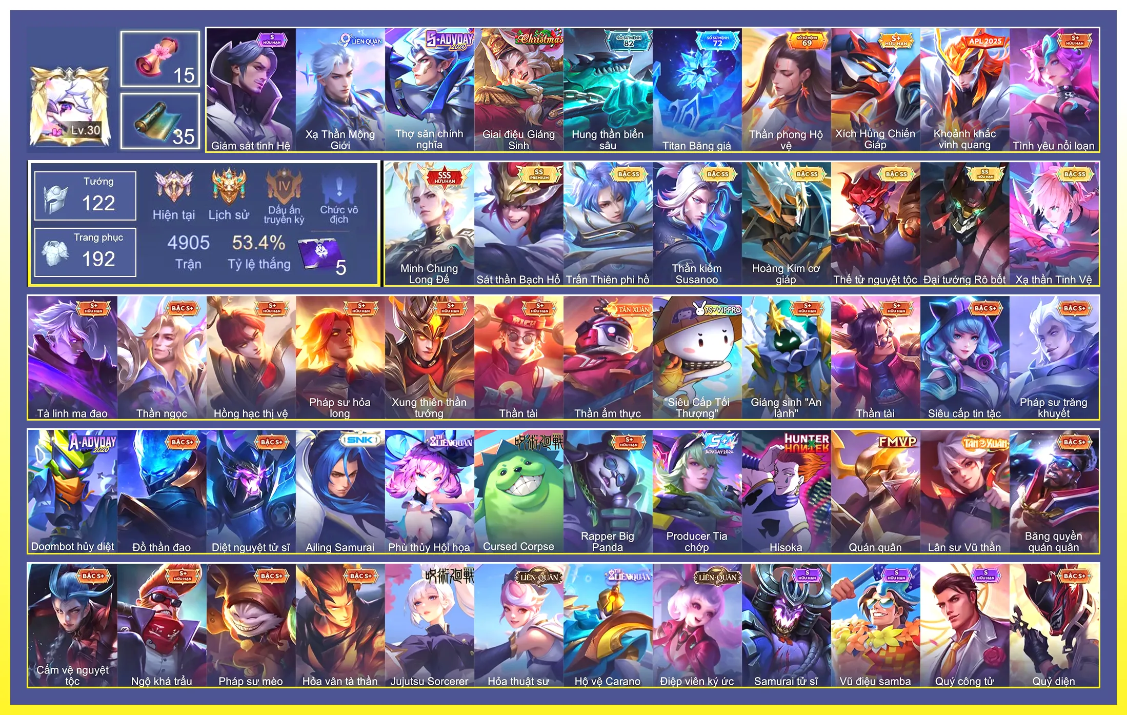 Yorn Thế Tử Nguyệt Tộc, Laville Xạ Thần Tinh Vệ, Enzo Sát thần Bạch Hổ, Richter Kiếm thần Susanoo, Elsu Trấn thiên phi hồ, Bijan Hoàng kim cơ giáp, Maloch Đại Tướng Robot|CÁC SKIN SSS: Triệu Vân Minh Chung Long Đế…