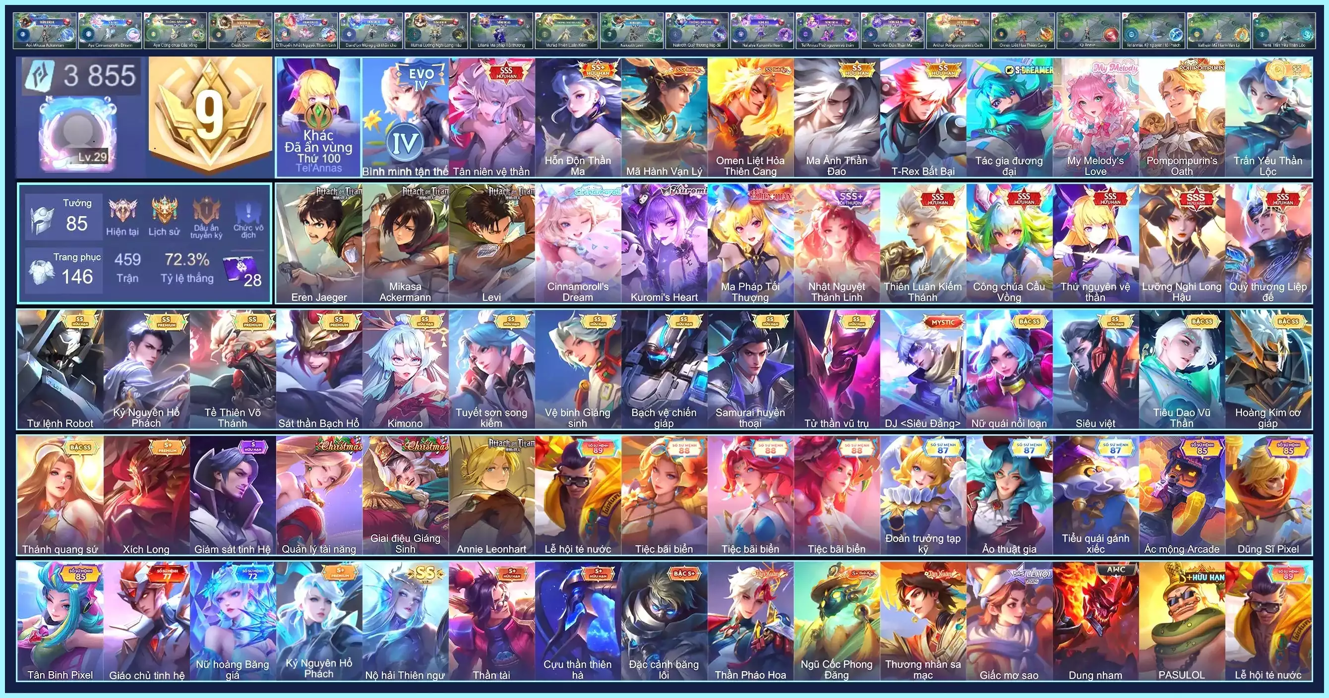 (VIP 9) 8 SKIN SSS, Natalya Kurumis Heart, Nakroth Levi, Aya Cinnamorolls Dream, Zata Tác gia đương đại, Cresht Eren Jaeger, Aoi Mikasa Ackermann...  Dư 3855 QH