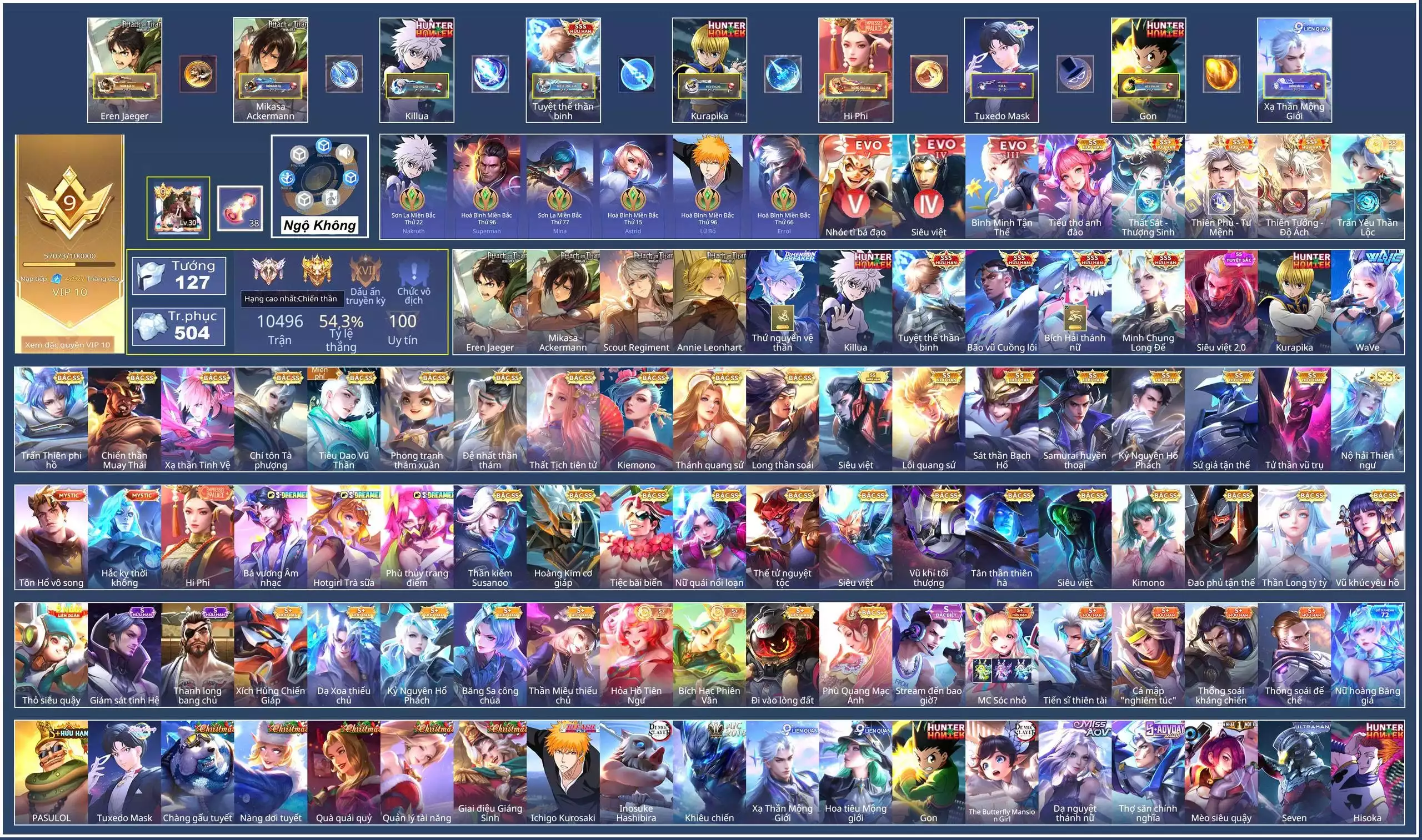 Nakroth Killua, Qi Annie Leonhart, Heino Scout Regiment, Cresht Eren Jaeger, Enzo Kurapika, Aoi Mikasa Ackermann, Triệu Vân Minh Chung Long Đế, Murad Tuyệt thế thần binh, Nakroth thứ nguyên vệ thần, Raz Bão vũ Cuồng lôi, Airi Bích hải thánh nữ