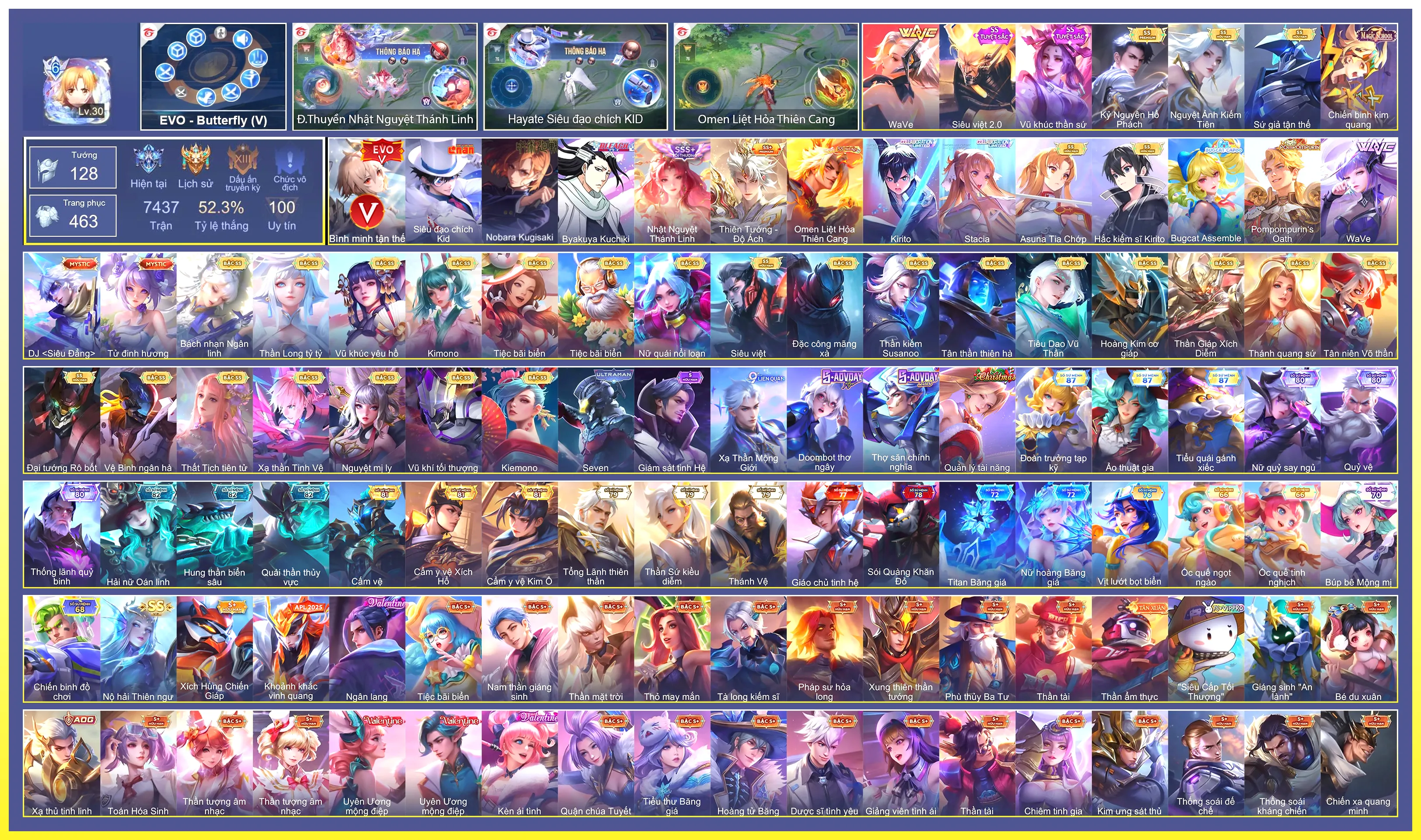 Capheny Bugcat Assemble, Zephys Inosuke Hashibira, Taara Shion, Lữ Bố Ichigo Kurosaki, Murad Byakuya Kuchiki, Allain Kirito Hắc kiếm sĩ, Allain Kirito, Hayate Siêu đạo chích Kid, Butterfly Asuna Tia chớp, Butterfly Stacia, Lindis Đồng phục Shihakusho, Ishar Capoo Boom, Arthur PomPomPurins Oath…