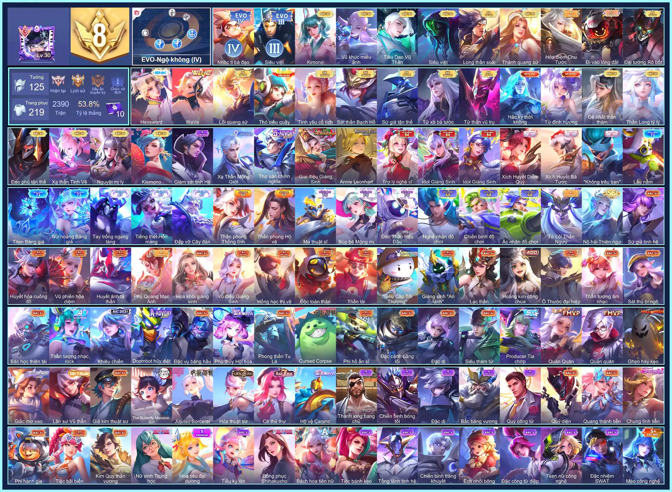 Charlotte Hexsword, NGỘ EVO4, Omen Đao phủ tận thế, Yorn Long thần soái, Tulen Tiêu Dao Vũ Thần, Elsu Sứ giả tận thế, Enzo Sát thần Bạch Hổ, Airi Kiemono, Yena WaVe, Maloch Đại Tướng Robot, Nakroth Lôi Quang Sứ, Hayate Tử thần vũ trụ, Ilumia Nộ hải Thiên ngư, Liliana Nguyệt mị ly, Capheny Kimono, Erin Tình Yêu Cổ Tích, Paine Tử xà Bá tước, Raz Siêu việt...