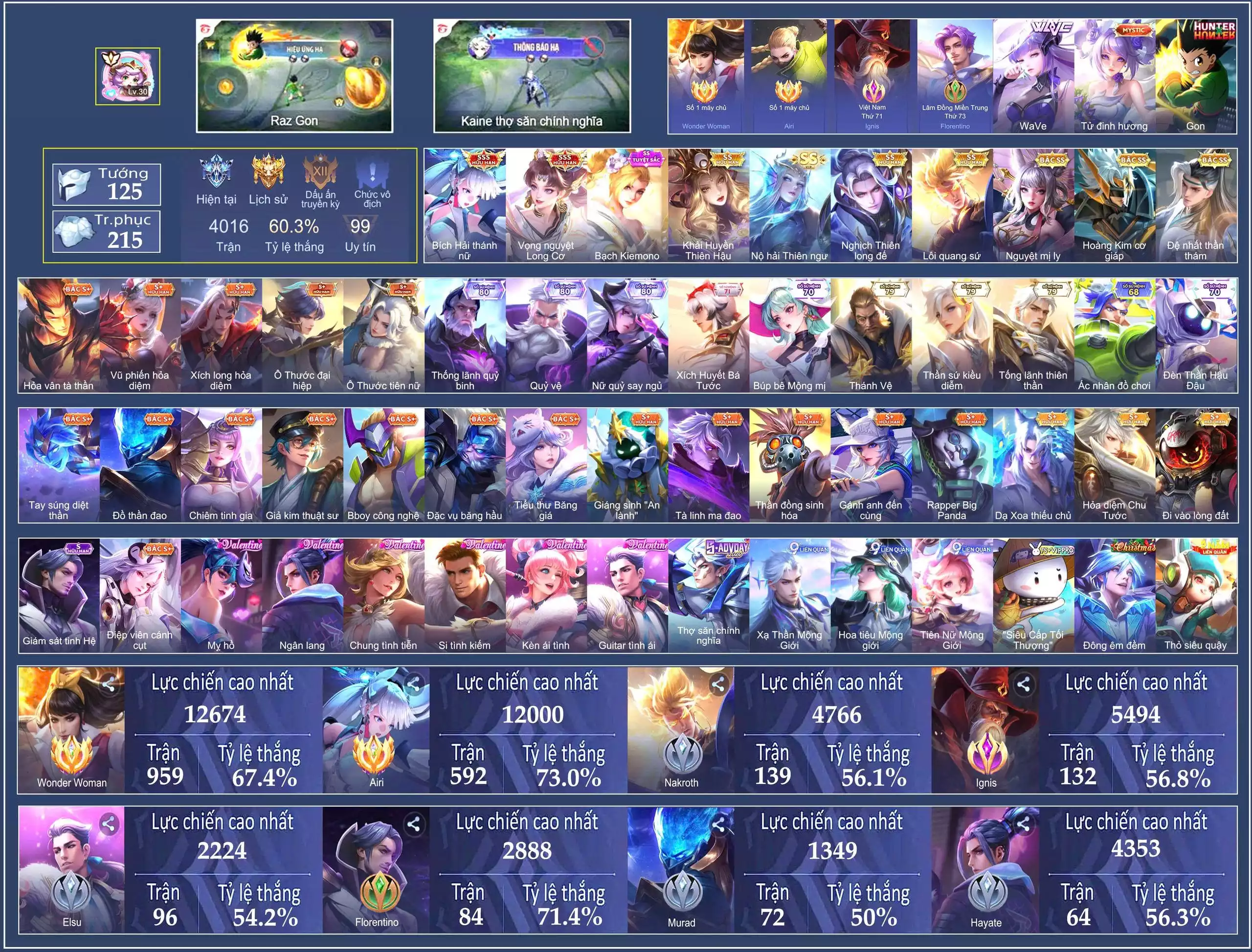 Cục vàng wonder woman, Cục vàng Airi, Mác chiến Thần, Violet Vọng nguyệt Long Cơ, Airi Bích hải thánh nữ, Airi Bạch Kiemono, Nakroth Lôi Quang Sứ, Ilumia Khải Huyền Thiên Hậu, Bijan Hoàng kim cơ giáp, Quillen Nghịch thiên long đế, Sinestrea WaVe, Mỗi số còn lại trắng all