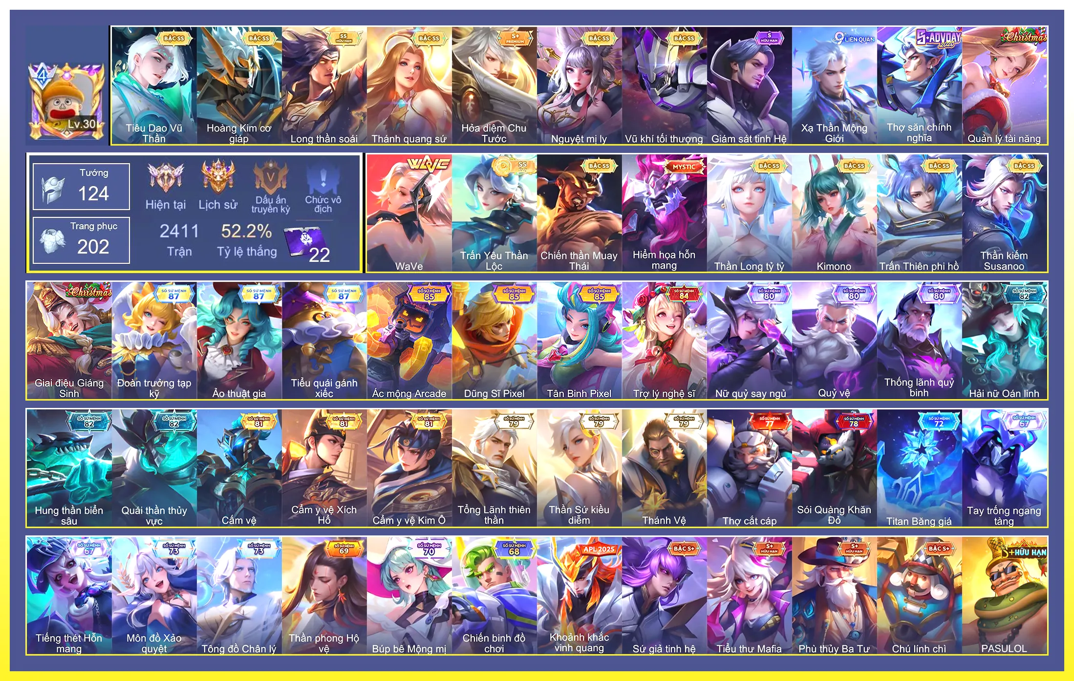 Valhein Vũ khí tối thượng, Violet Thần long tỷ tỷ, Yorn Long thần soái, Raz Chiến thần Muay Thái, Elsu Trấn thiên phi hồ, Tulen Tiêu Dao Vũ Thần, Liliana Nguyệt mị ly, Capheny Kimono, Yena WaVe, Yena Trấn Yêu Thần Lộc, Richter Thần Kiếm Susanoo, Bijan Hoàng kim cơ giáp, Lauriel Thánh quang sứ…