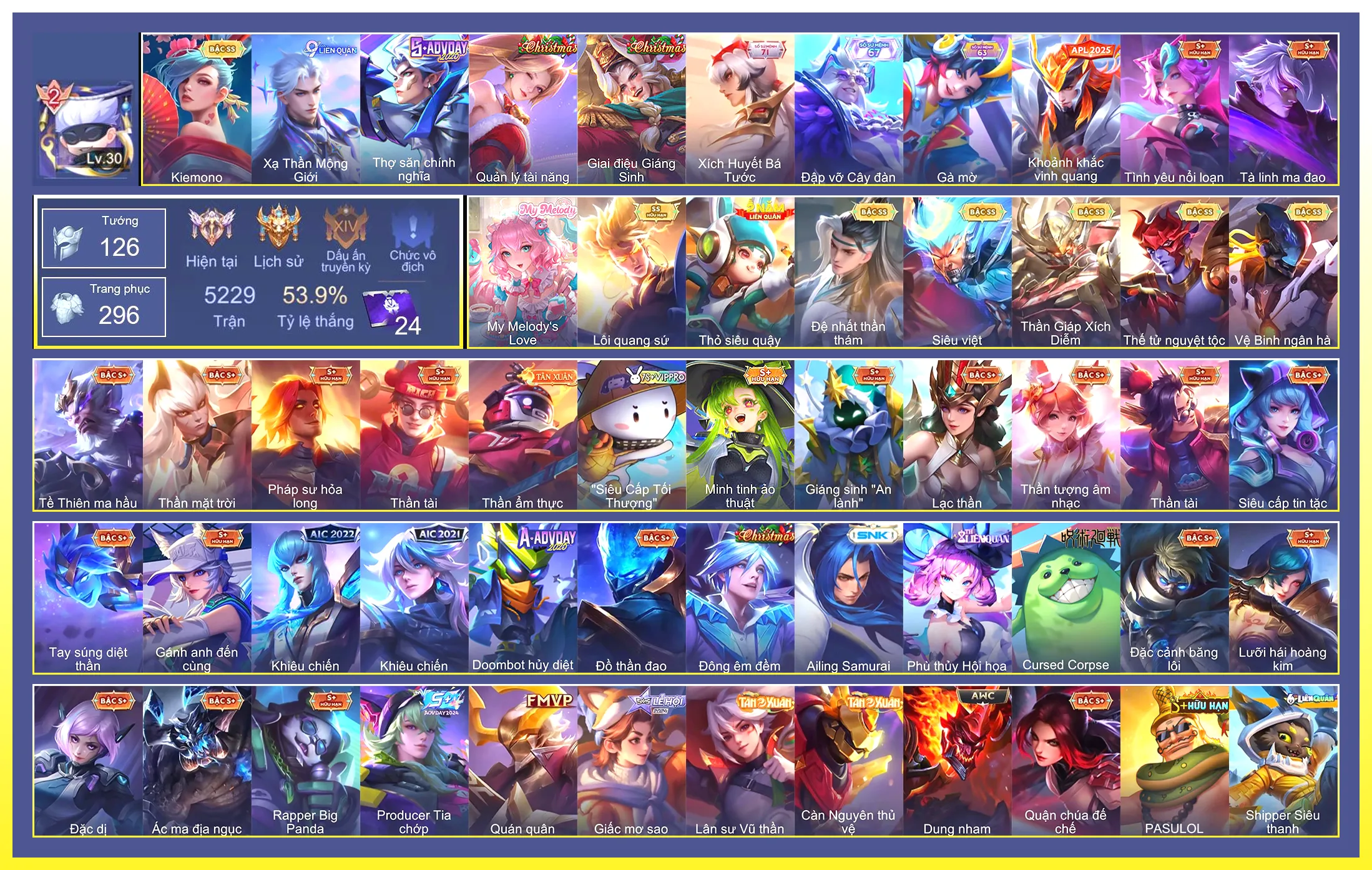 Ảnh Valhein Đệ nhất thần thám, Ngộ Không Siêu việt, Ngộ Không Thần Giáp Xích Diễm, Yorn Thế Tử Nguyệt Tộc, Yorn Vệ Binh ngân hà, Airi Kiemono, Nakroth Lôi Quang Sứ…