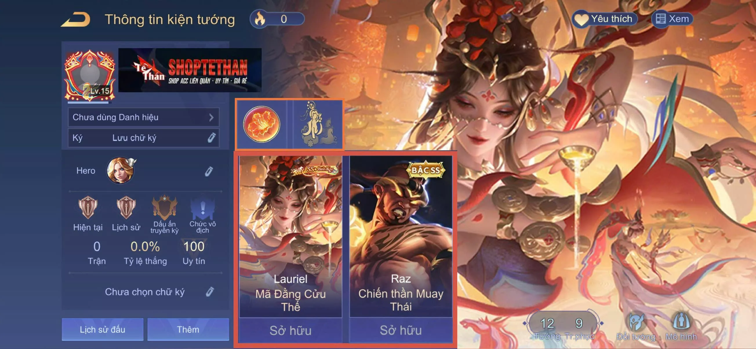 ACC REG LIÊN QUÂN: Lauriel Mã Đằng Cứu Thế full phụ kiện, Raz chiến thần Muay thái, sẵn tướng, free đổi tên, trắng thông tin
