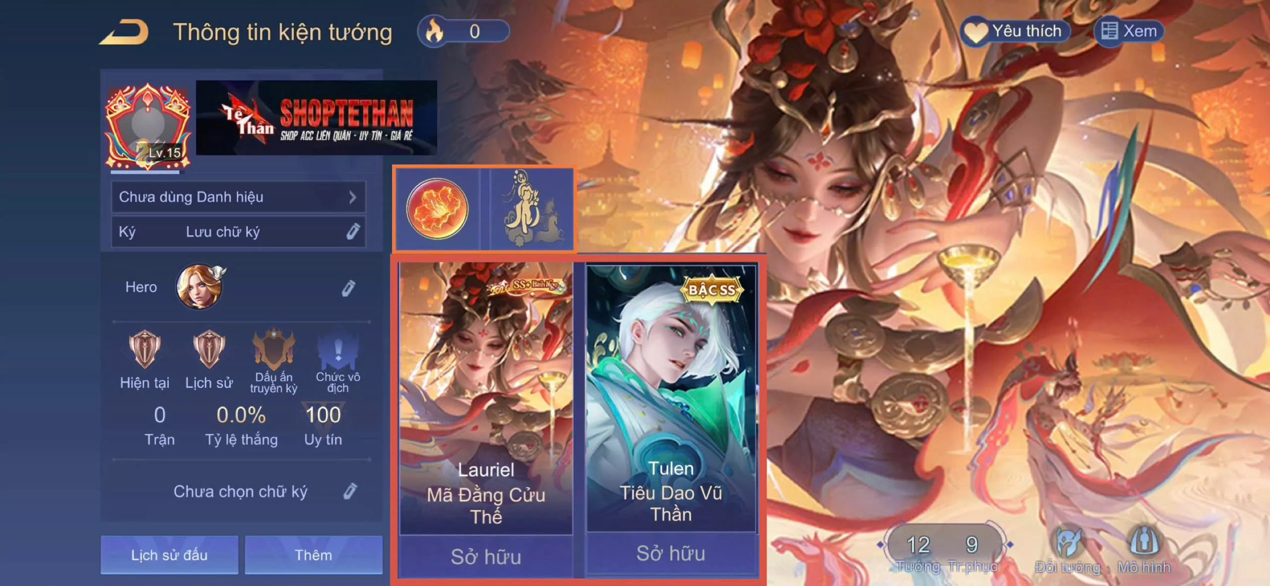 ACC REG LIÊN QUÂN: Lauriel Mã Đằng Cứu Thế full phụ kiện, Tulen tiêu dao vũ thần, sẵn tướng, free đổi tên, trắng thông tin
