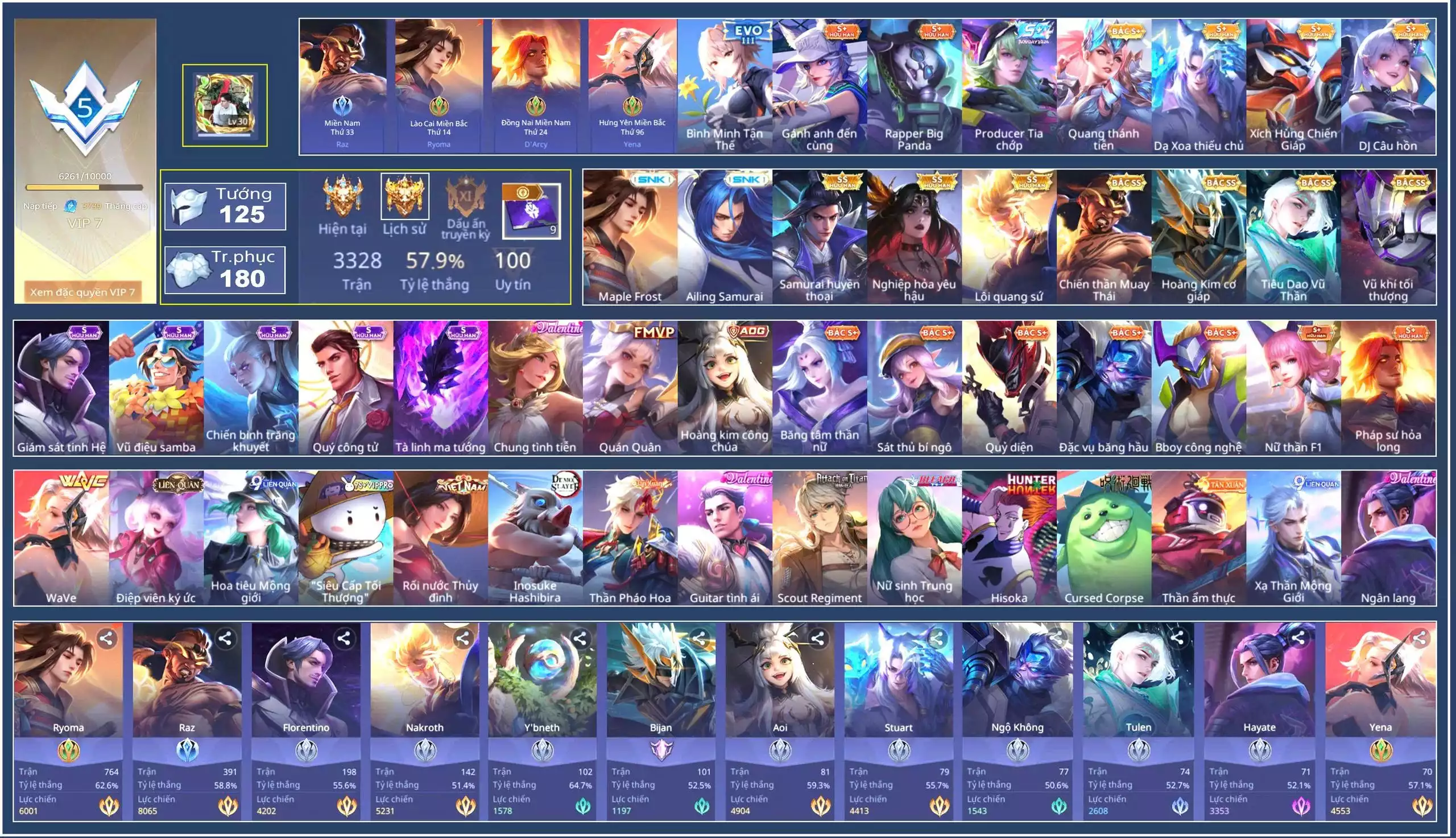 Ảnh Ryoma Maple Frost, Ryoma Samurai Huyền thoại, Natalya nghiệp hỏa yêu hậu, Yena WaVe, Nakroth Lôi Quang Sứ, Bijan Hoàng kim cơ giáp, Raz Chiến thần Muay Thái, Tulen Tiêu Dao Vũ Thần, mỗi số còn lại trắng all