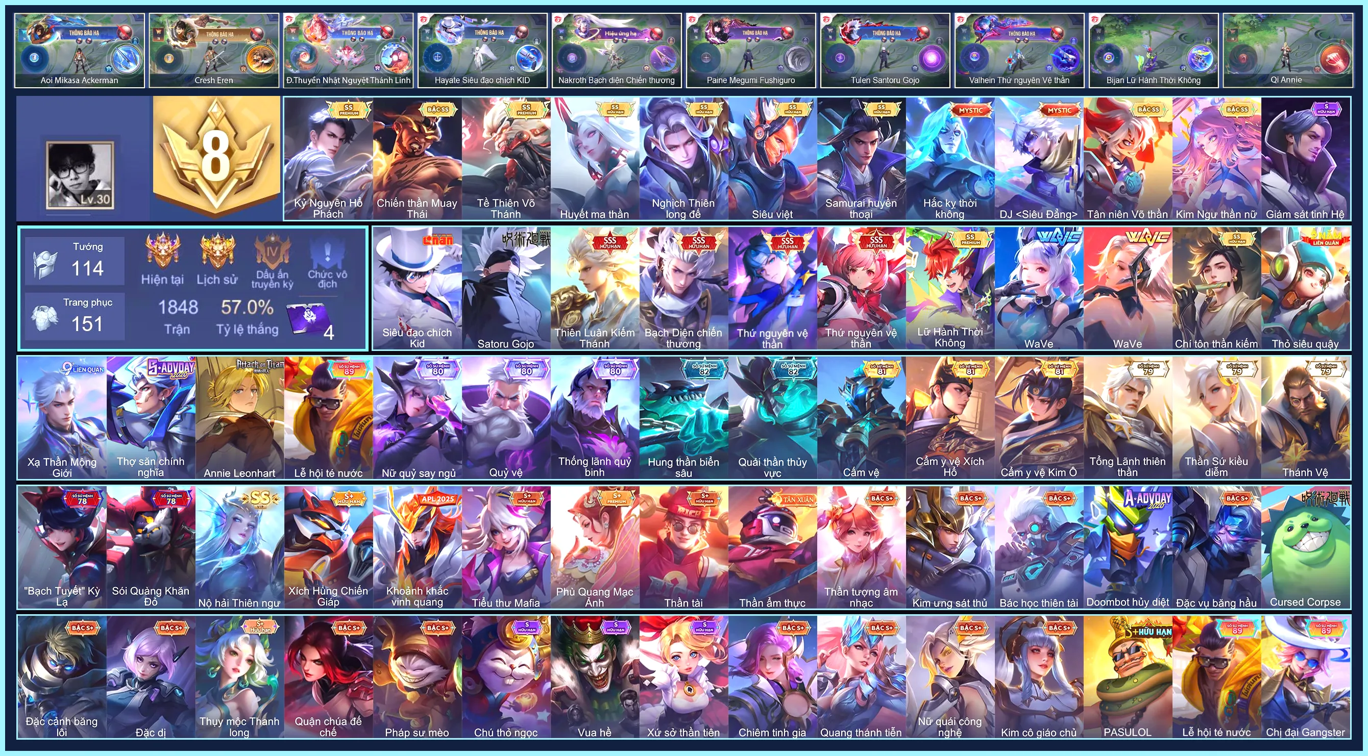 Ảnh (VIP 8) MÁC CHIẾN THẦN, Hayate Siêu đạo chích Kid, Tulen Satoru Gojo,Valhein Thứ Nguyên Vệ Thần, Violet Thứ nguyên vệ thần, Nakroth Bạch diện chiến thương, Murad Thiên Luân Kiếm Thánh... CHỈ CÀI SDT