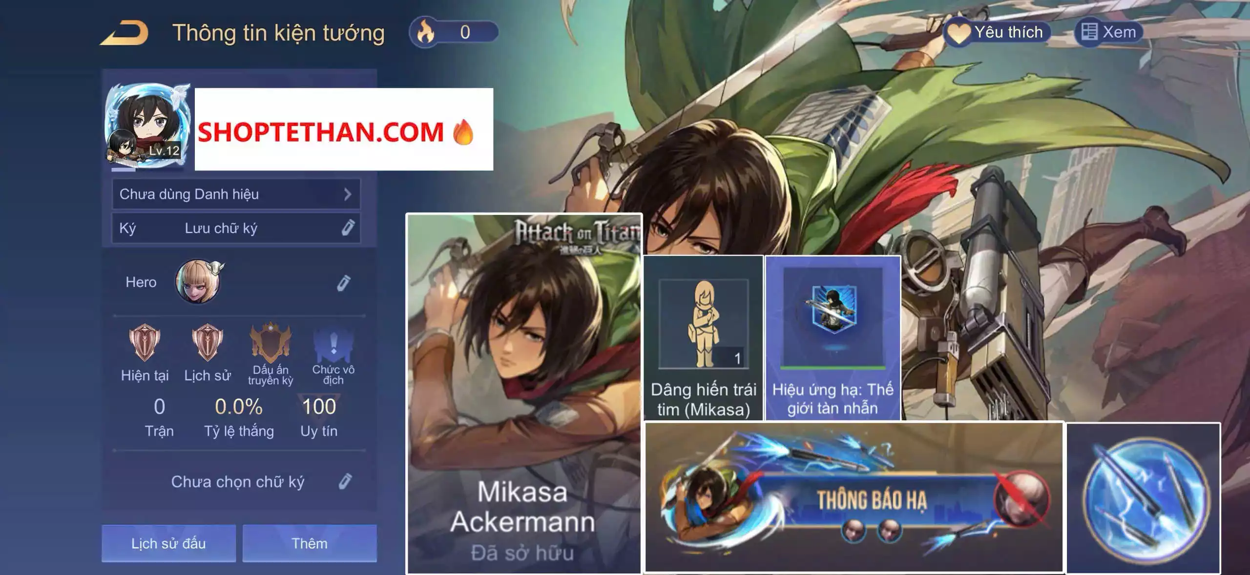 ACC REG LIÊN QUÂN: Aoi Mikasa Ackermann full phụ kiện, sẵn tướng, free đổi tên, trắng thông tin