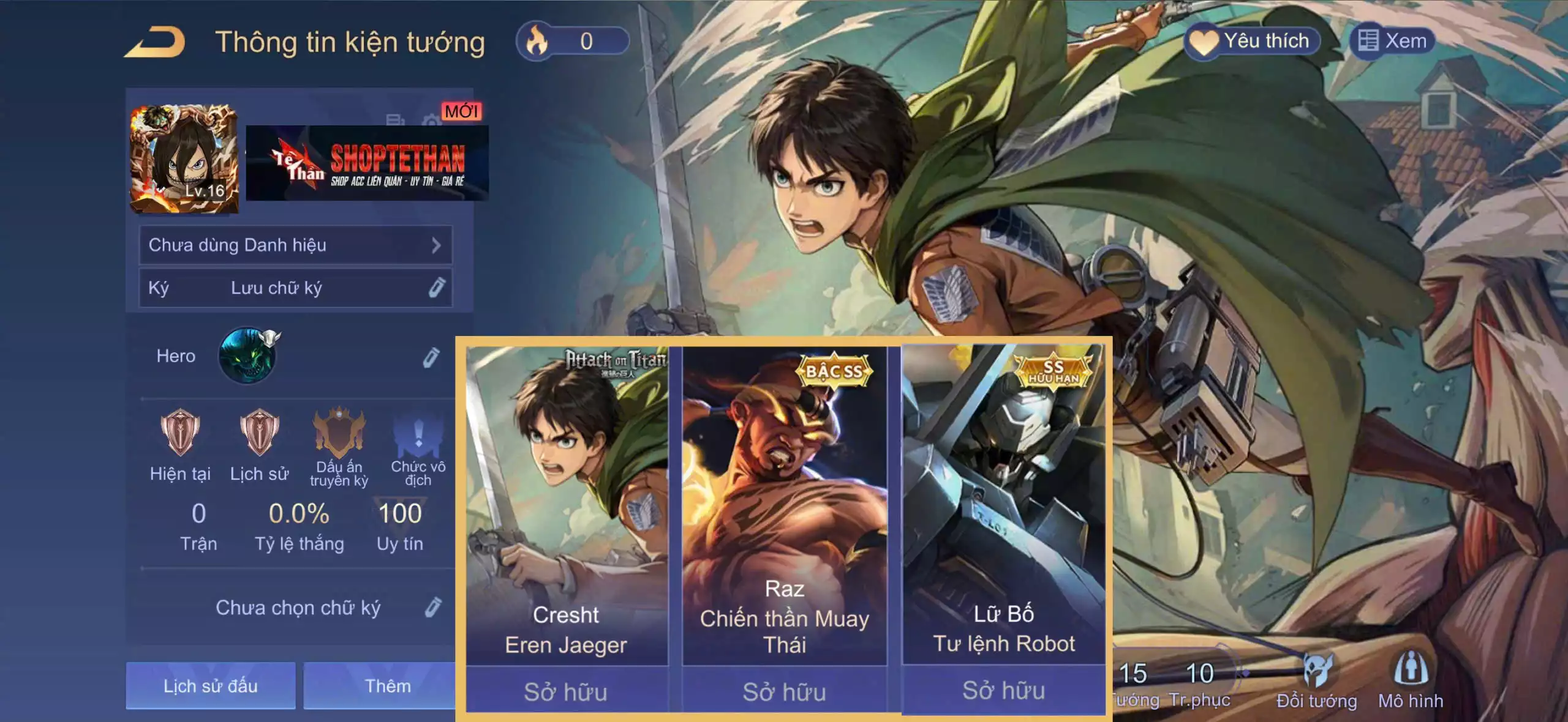 ACC REG: Cresht Eren Jaeger, Raz Chiến thần Muay Thái, Lữ Bố Tư lệnh Robot... TRẮNG THÔNG TIN