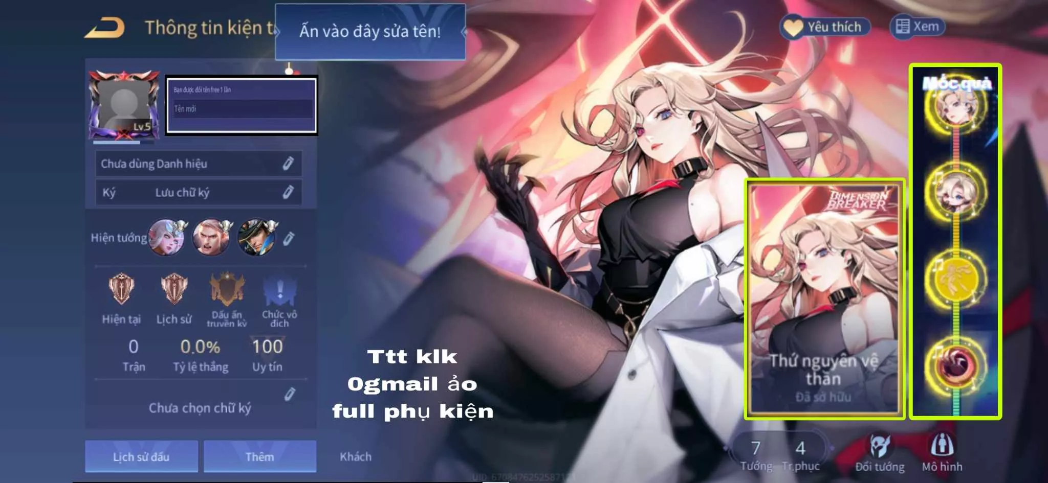 Ảnh Acc reg liên quân Lauriel thứ nguyên vệ thần full phụ kiện, sẵn tướng, dư vàng, free đổi tên, trắng thông tin