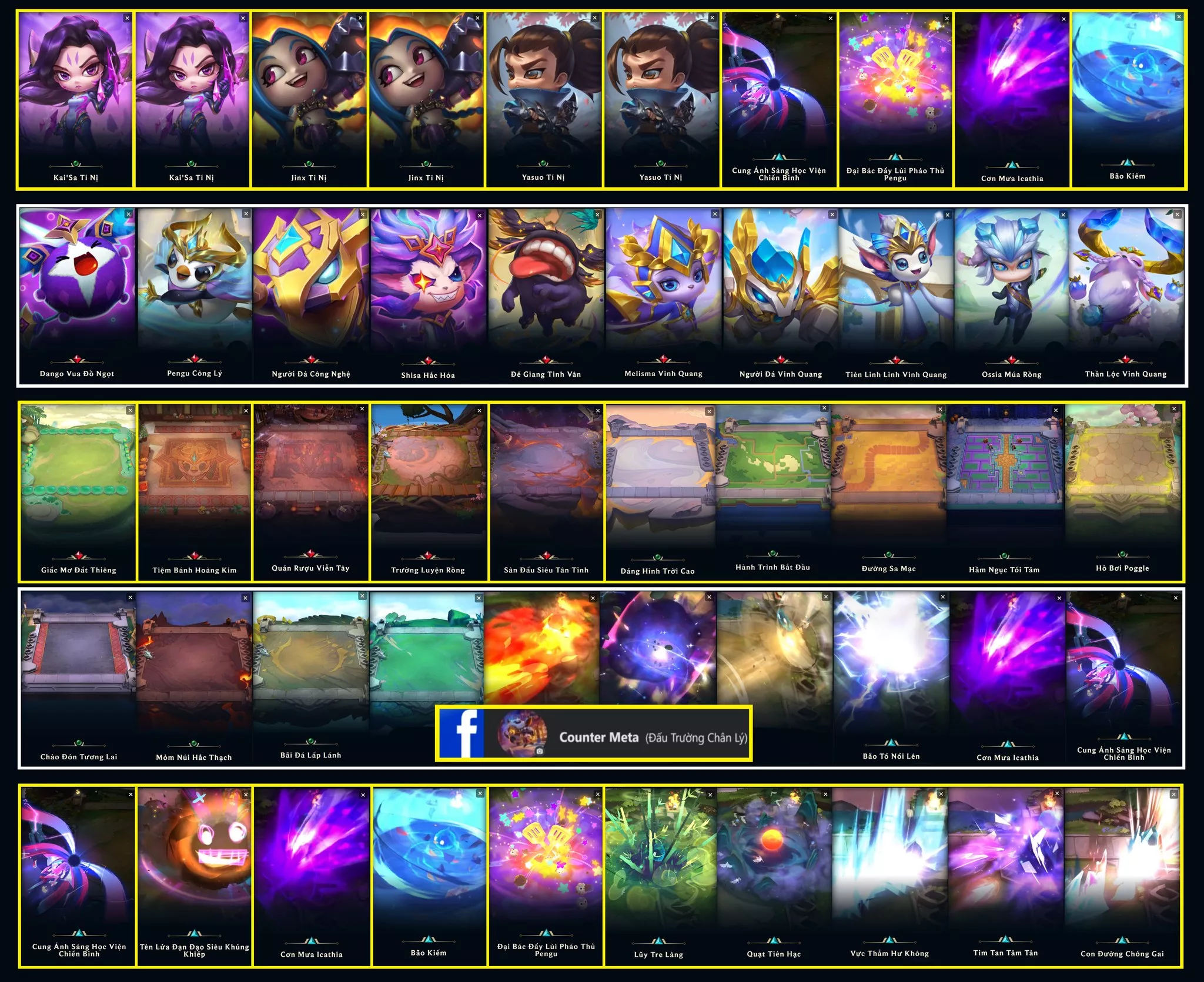 🔰 3 PET TÍ NỊ ▶ KAISA TÍ NỊ - JINX TÍ NỊ - YASUO TÍ NỊ 🔰 5 SÀN ĐẤU ĐỎ CỰC ĐẸP ⬆️ CHƯỞNG - CUNG ÁNH SÁNG HỌC VIỆN CHIẾN BINH  ⬆️ ĐẠI BÁC ĐẨY LÙI PHÁO THỦ PENGU ⬆️ BÃO KIẾM ⬆️ CƠN MƯA ICATHIA