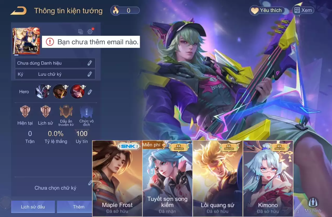 ACC LIÊN QUÂN REG: Nakroth lôi quang sứ, Veres kimono, Allain tuyết sơn song kiếm, Ryoma maple Frost... sẵn tướng, free đổi tên, trắng thông tin