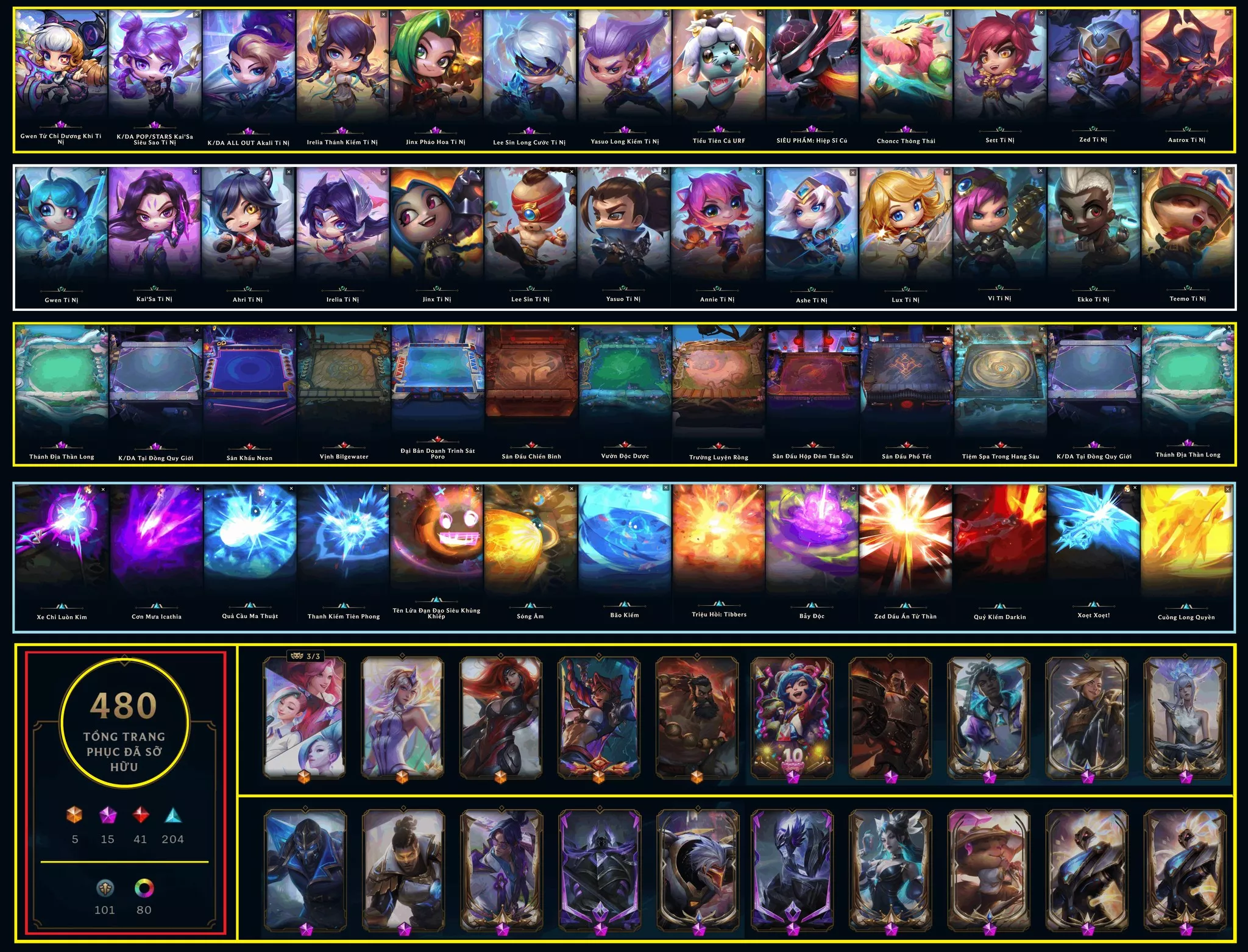 🔰 ACC VIP TFT - ĐẤU TRƯỜNG CHÂN LÝ 💎 10 PET TÍM 💎 2 SÀN TÍM 💎 15 PET TÍ NỊ THƯỜNG ✅  480 SKIN LOL