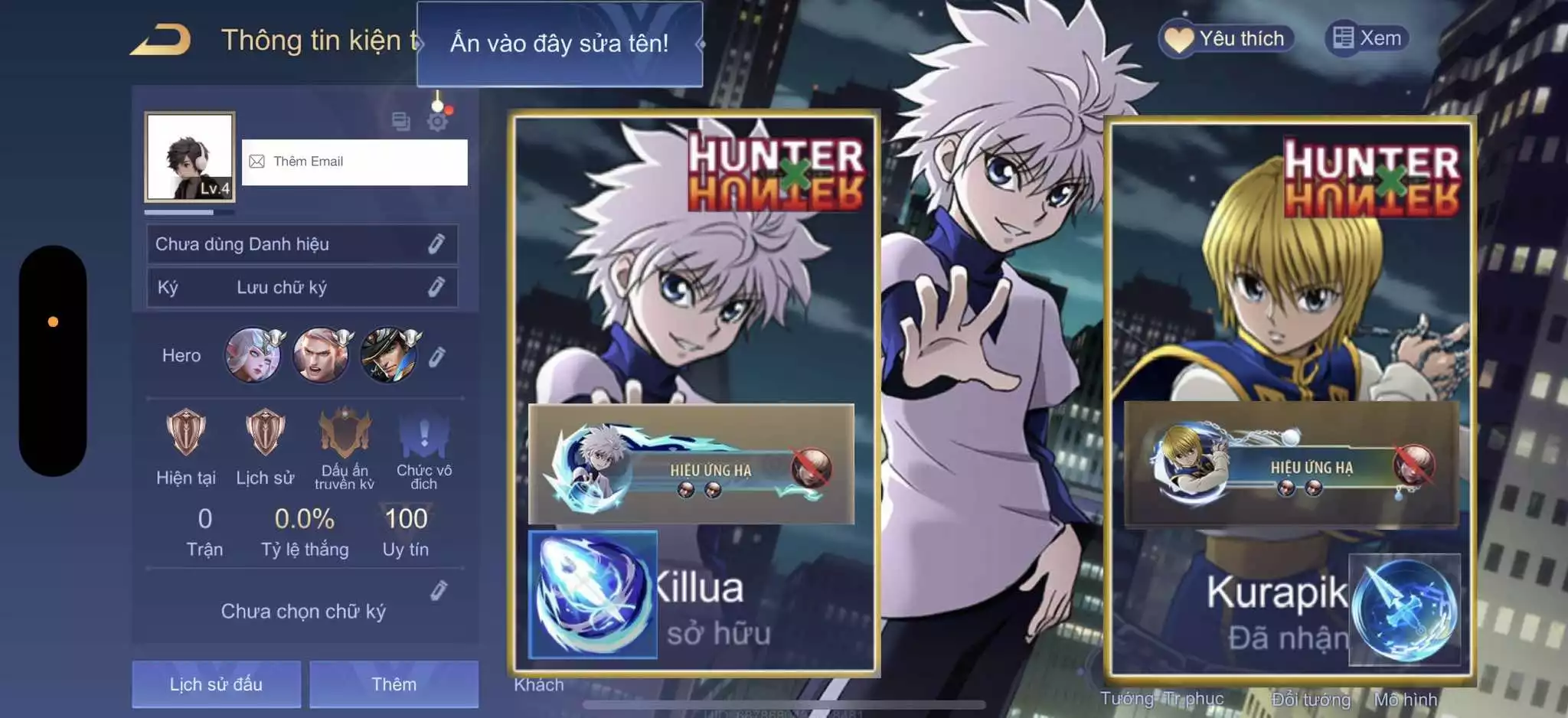 (GIẢM GIÁ) ACC REG: Nakroth Killua + Enzo Kurapika... sẵn tướng, free đổi tên, trắng thông tin