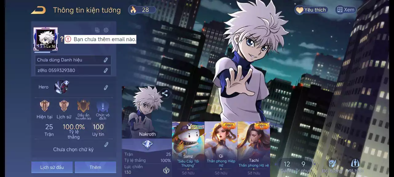 Acc reg: Nakroth killua, Slimz thỏ bảy màu... sẵn tướng, trắng thông tin, free đổi tên