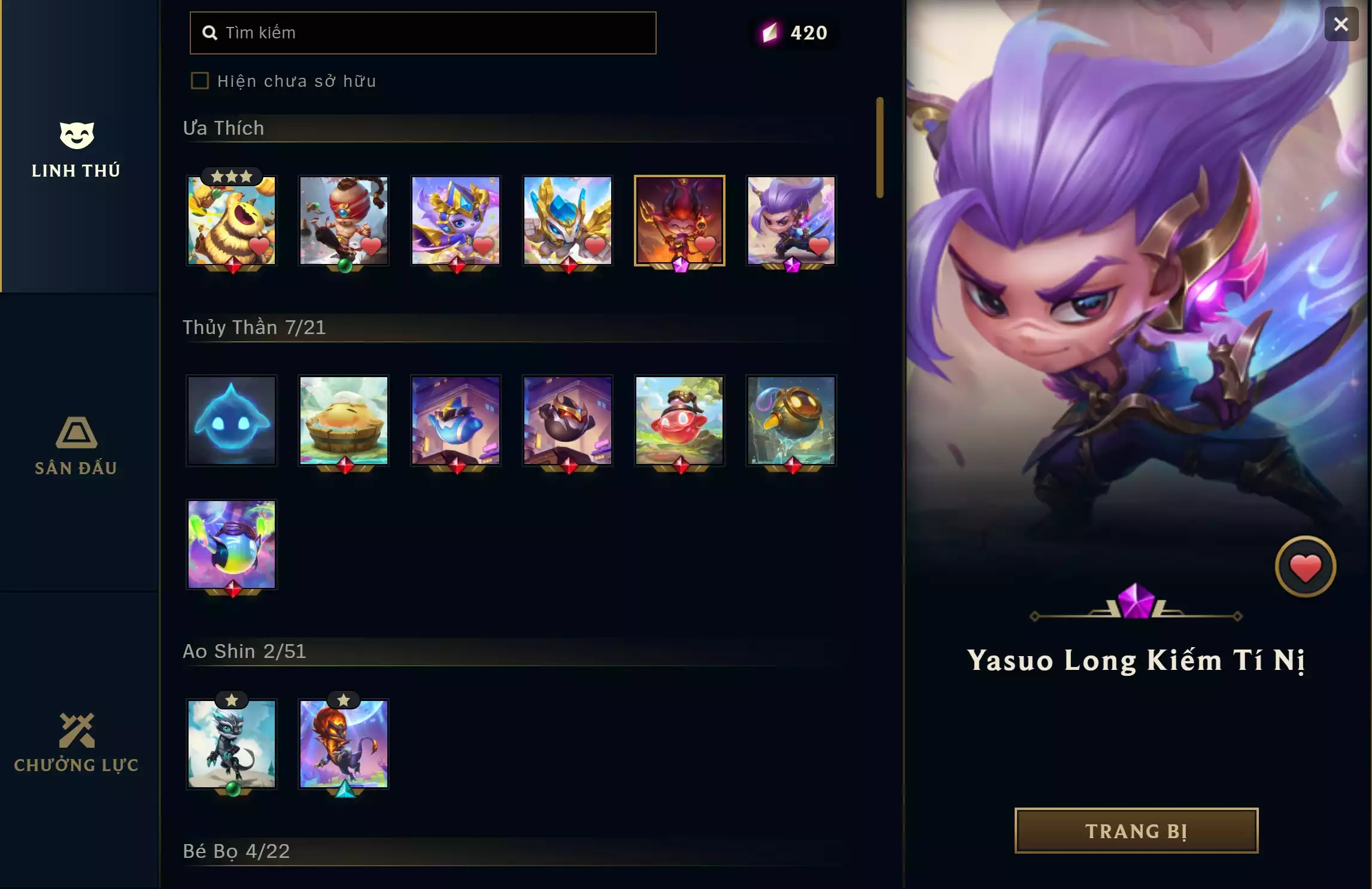 Ảnh 🔰 PET TÍM ▶ YASUO LONG KIẾM TÍ NỊ ▶ TEEMO TIỂU QUỶ TÍ NỊ ▶ LEESIN TÍ NỊ ⬆️ TRANG PHỤC - 104 SKIN 🍁 UNRANK ️🍁 CÓ THẺ ĐỔI TÊN INGAME