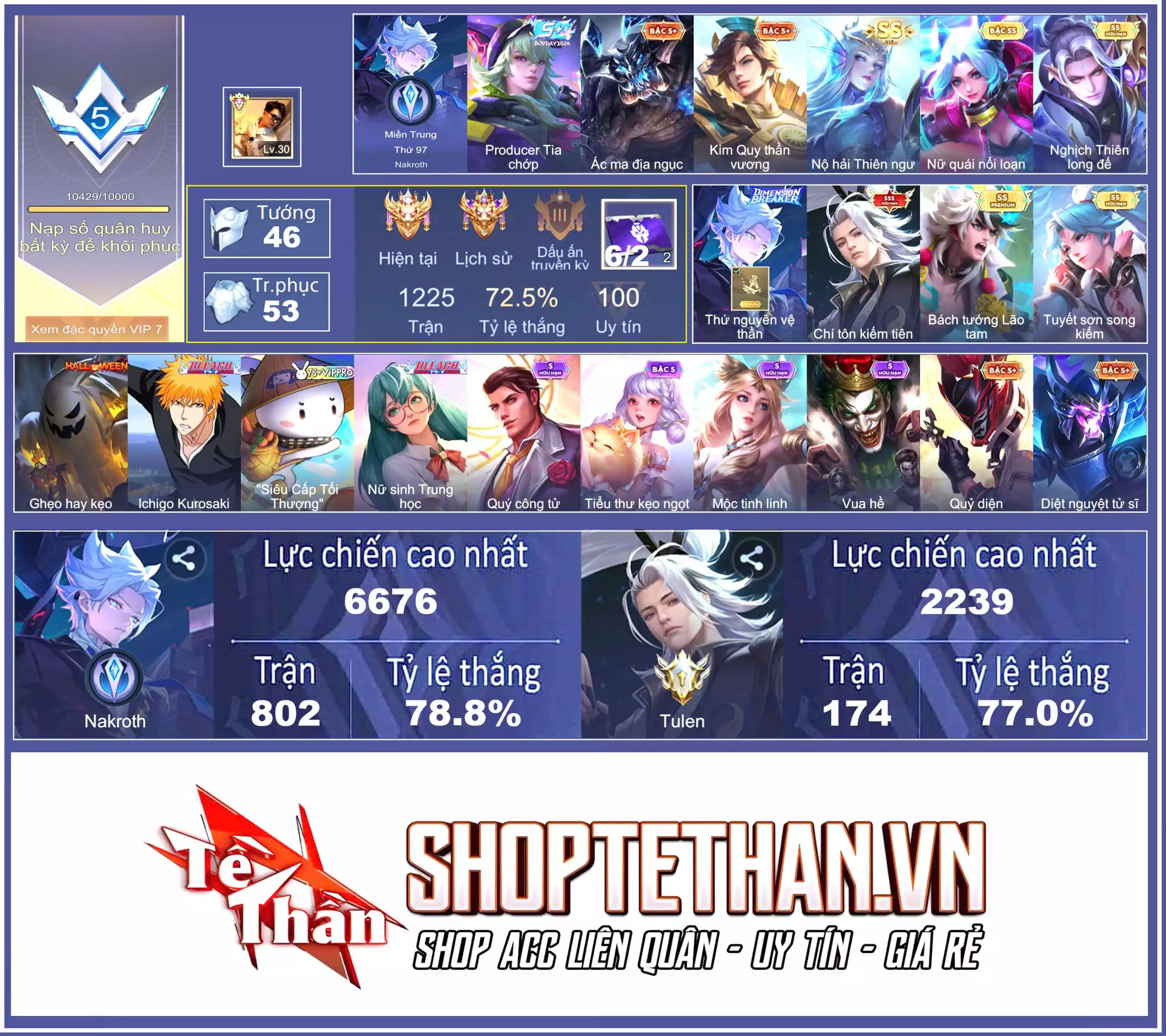 Ảnh TOP MIỀN: Nakroth thứ nguyên vệ thần, Tulen Chí tôn kiếm tiên, Lữ Bố Ichigo Kurosaki, Allain tuyết sơn, Cresht lão tam...
