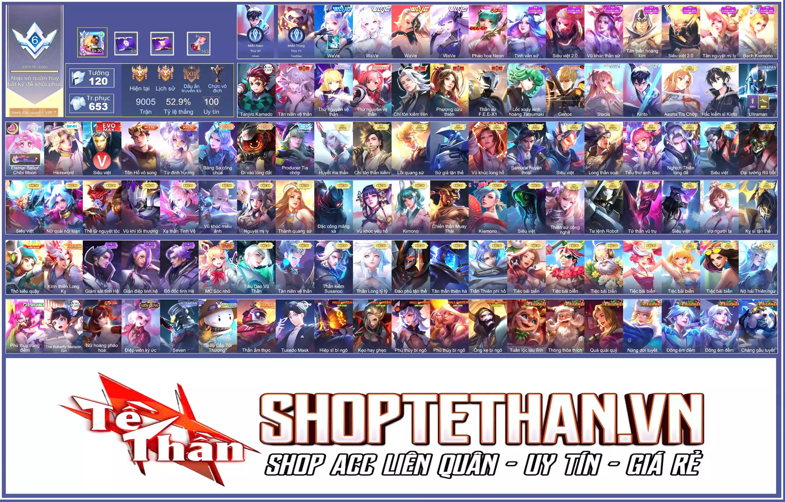 Full skin hợp tác SAO, Yan tanjiro, 6 SSS, full Onepuchmanm, full Ultraman, full Wave, full Tuyệt sắc....