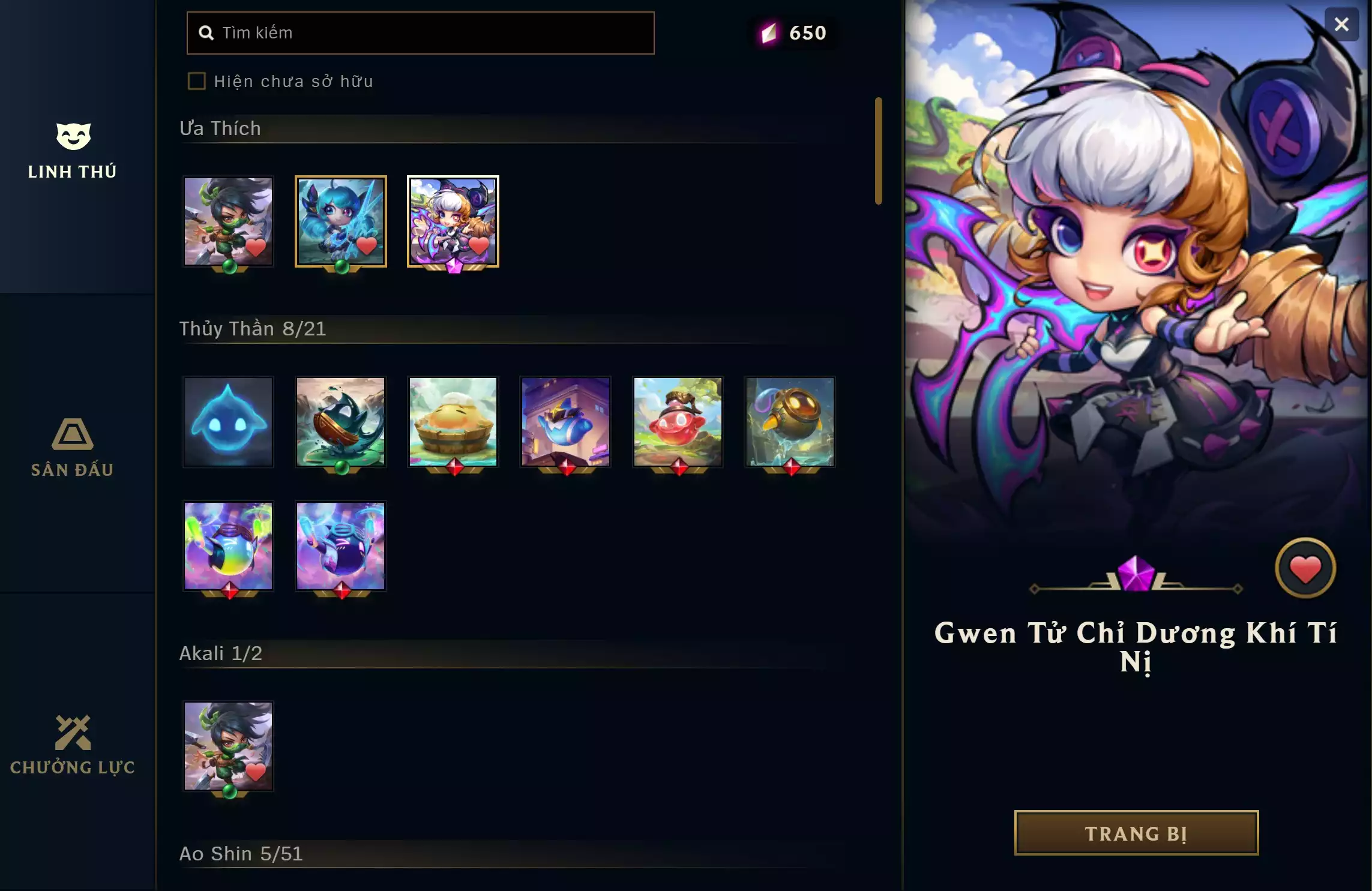 Ảnh 🔰 PET TÍM ✅ GWEN TỬ CHỈ DƯƠNG KHÍ TÍ NỊ ▶ GWEN TÍ NỊ ▶ AKALI TÍ NỊ ⬆️ TRANG PHỤC - 38 SKIN ✅ 3 BỘ CHƯỞNG TÍ NỊ - CỰC ĐẸP ➡️ CHƯỞNG - XOẸT XOẸT 🌠 SÁT CHIÊU HOÀN HẢO 🌠 - SÁT CHIÊU HOÀN HẢO VỆ BINH TINH TÚ 🍁 Vàng IV  ️🍁 CÓ THẺ ĐỔI TÊN INGAME