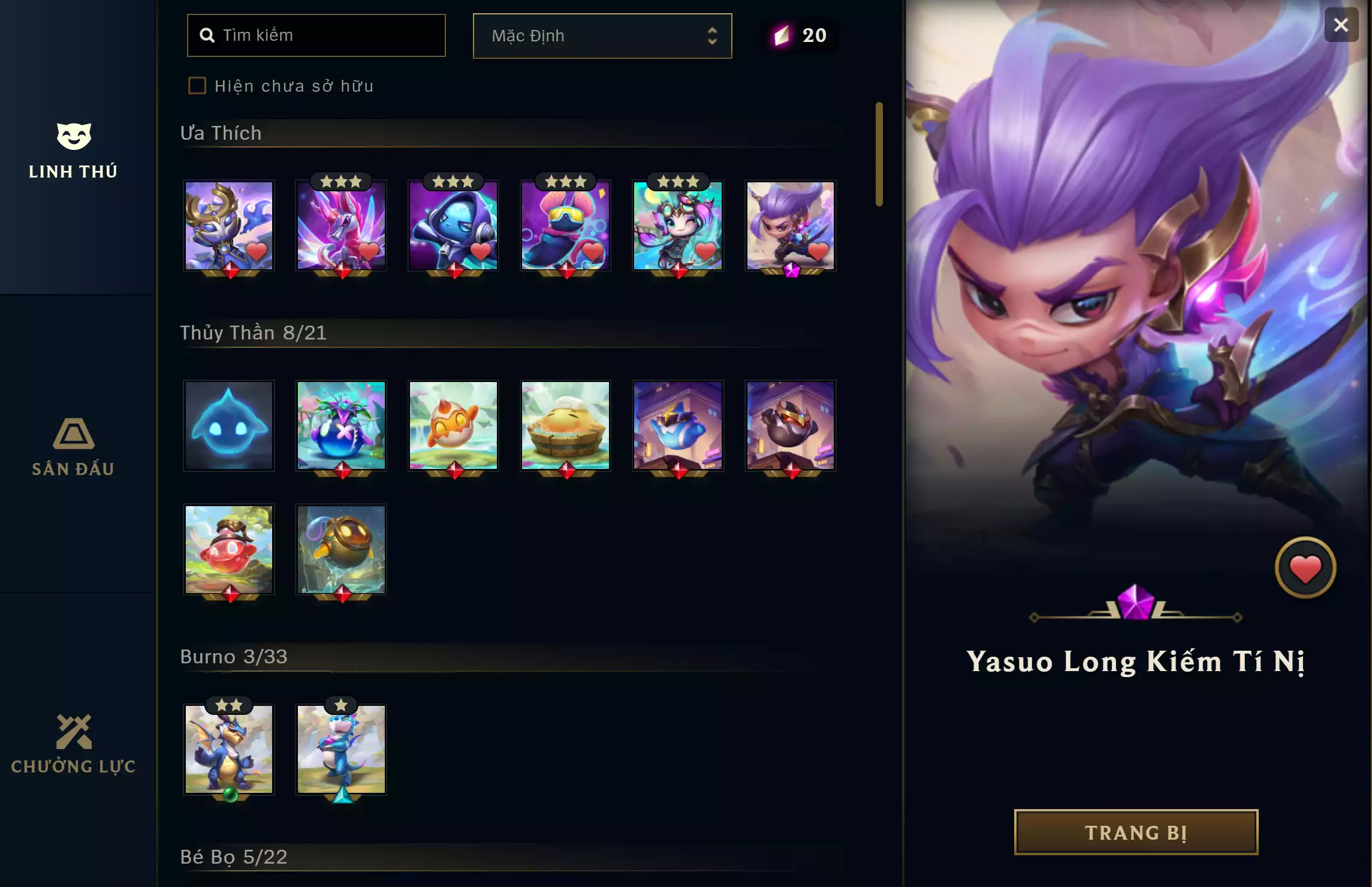 Ảnh 🔰 PET TÍM ▶ YASUO LONG KIẾM TÍ NỊ ✅ SÀN - VƯỜN ĐỘC DƯỢC ✅ SÀN - TRƯỜNG LUYỆN RỒNG ⬆️ TRANG PHỤC - 251 Skin