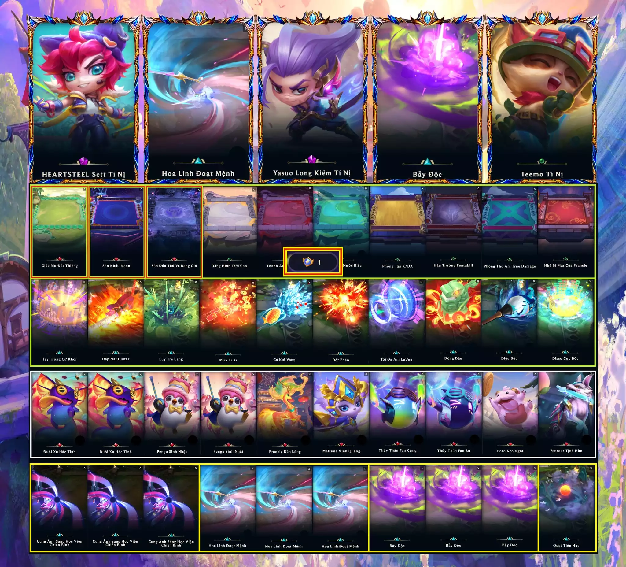 🔰 PET TÍM ✅ YASUO LONG KIẾM TÍ NỊ ✅ SET HEARTSTEEL TÍ NỊ ✅ TEEMO TÍ NỊ 🔰 CHƯỞNG LỰC PHIÊN BẢN GIỚI HẠN ⬆️ CHƯỞNG - HOA LINH ĐOẠT MỆNH ⬆️ CHƯỞNG - CUNG ÁNH SÁNG HỌC VIỆN CHIẾN BINH 🍁 ĐỒNG I