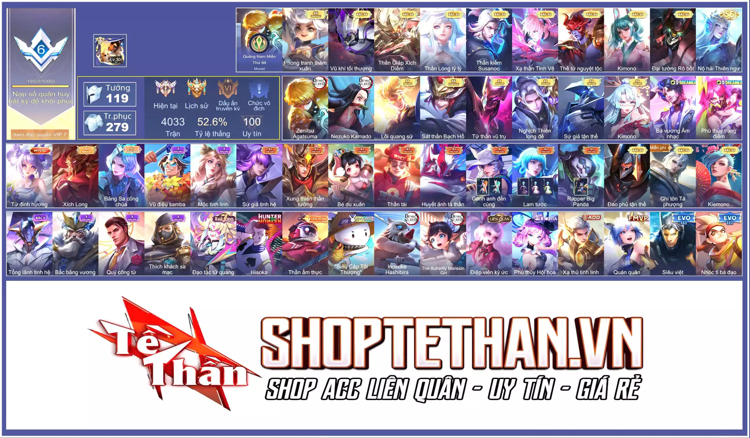 Ảnh Murad Zenitsu Agatsuma, Ngộ Không Thần Giáp Xích Diễm, Quillen Nghịch thiên long đế, Omen Đao phủ tận thế, Enzo Sát thần Bạch Hổ...