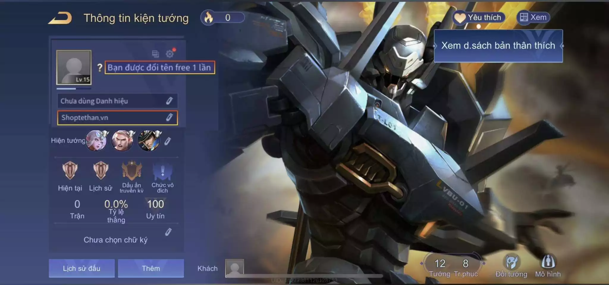 ACC REG: Lữ Bố tư lệnh robot, sẵn tướng, trắng thông tin, free đổi tên… bao banbao back