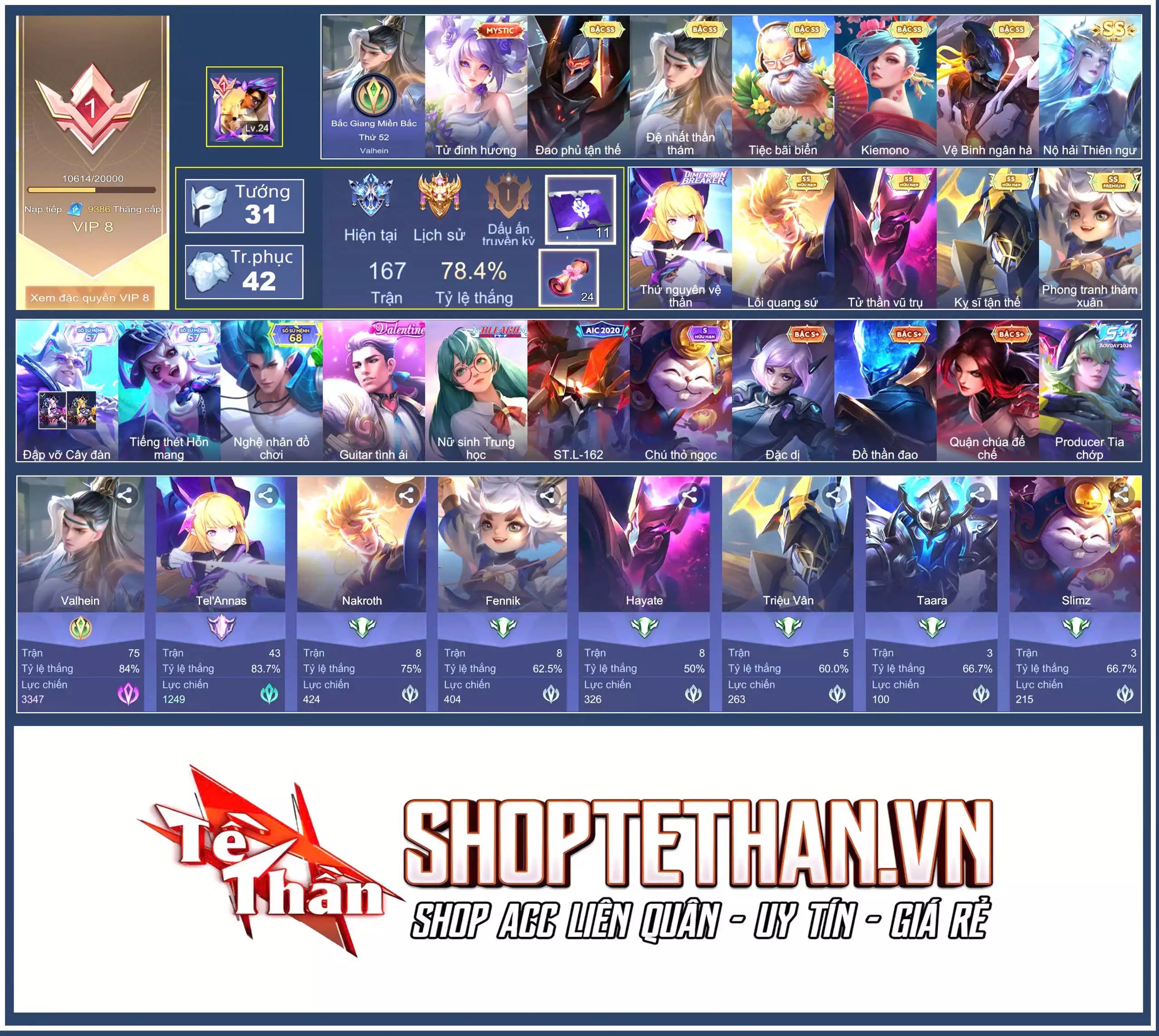 TelAnnas Thứ nguyên vệ thần, Nakroth Lôi Quang Sứ, Triệu Vân Kỵ sĩ tận thế, Gildur Tiệc Bãi Biển, Airi Kiemono, Hayate Tử thần vũ trụ, Yorn Vệ Binh ngân hà...