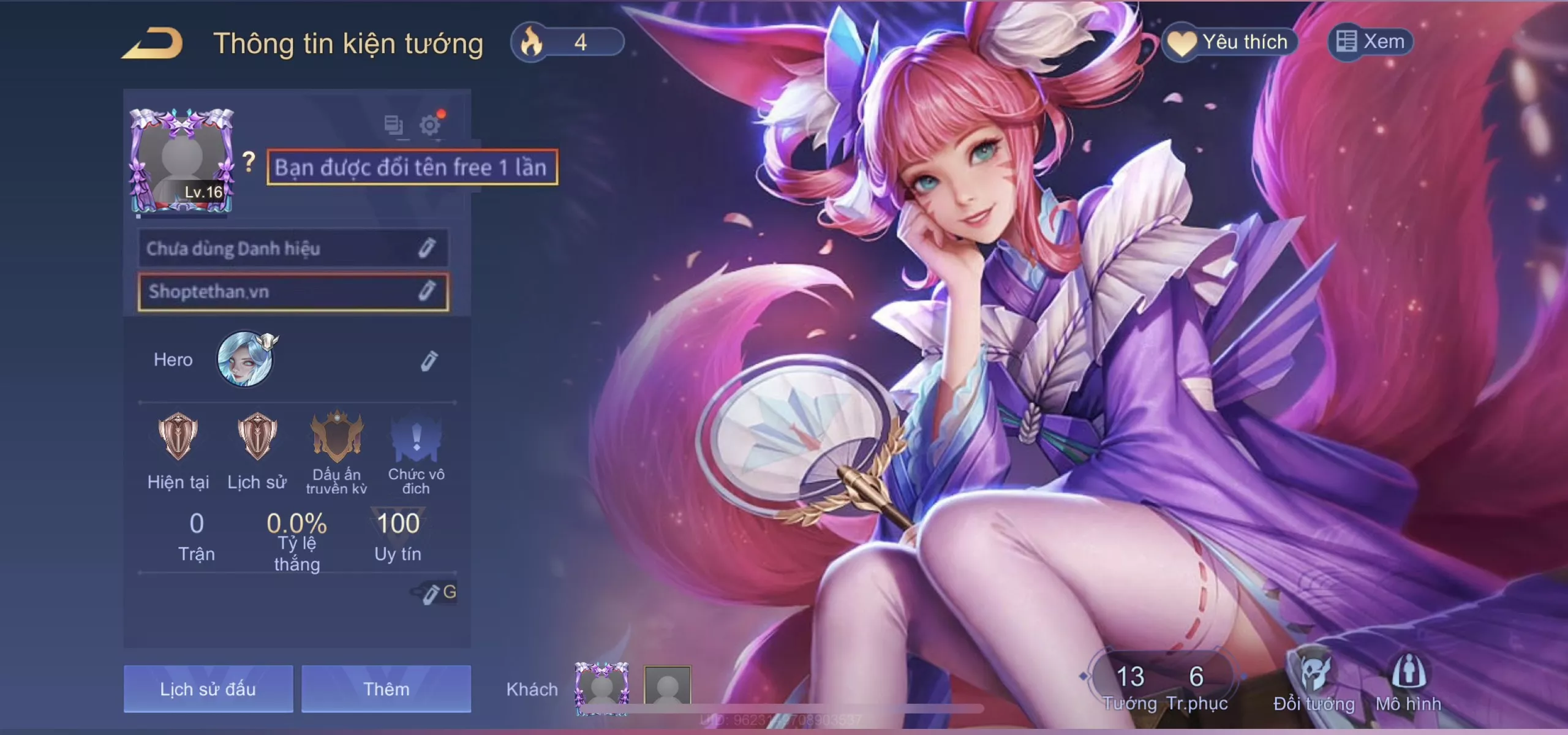 (SALE) ACC REG LIÊN QUÂN: Liliana tiểu thơ anh đào, sẵn tướng, free đổi tên, trắng thông tin